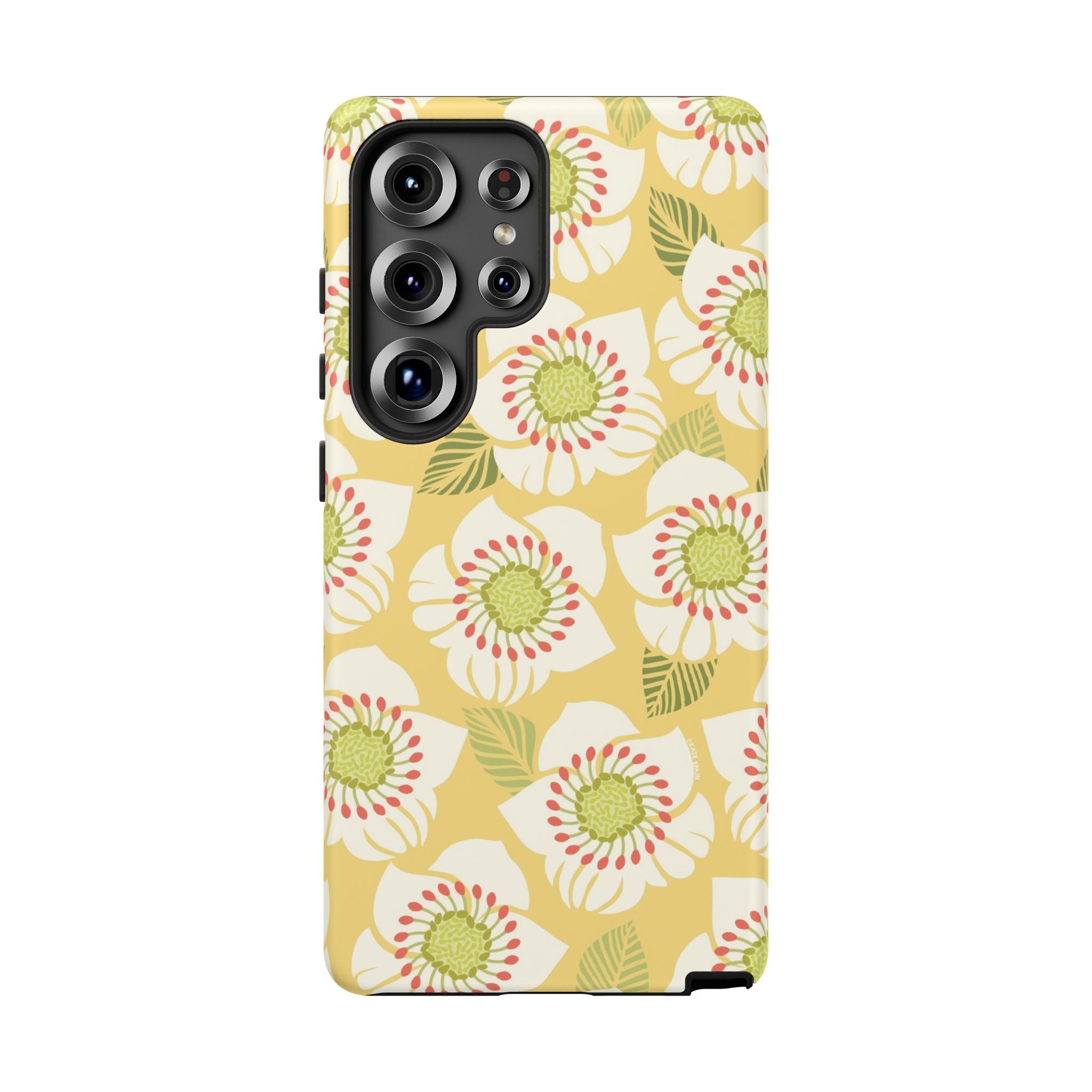 A protective phone case with a vertical yellow and white stripe pattern, shown on a Samsung Galaxy Ultra smartphone against a plain white background.