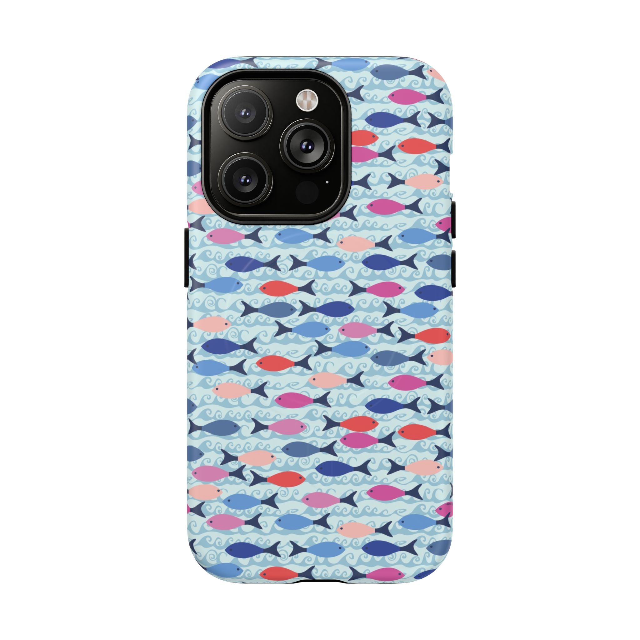 Summer Minnows MagSafe iPhone 14 Pro Case – Matte | navy, coral, pink, and periwinkle fish on a pale aqua ground