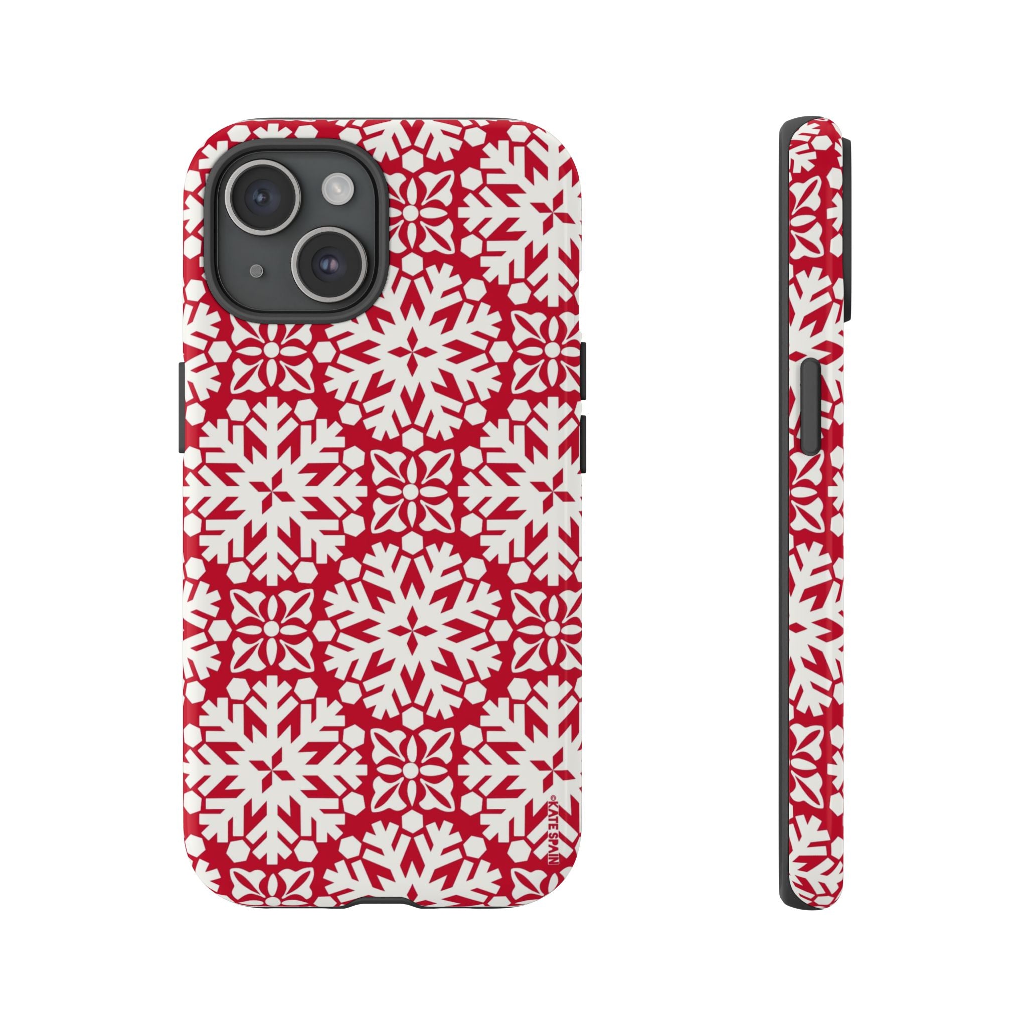 Flurry Tough iPhone 15 Case – Glossy | red, cream geometric snowflake medallion print