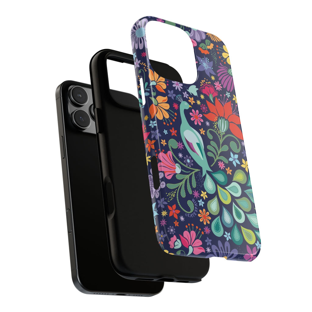 Peacock Sanctuary Tough iPhone 16 Pro Max Case – exploded side view showing dual-layer construction