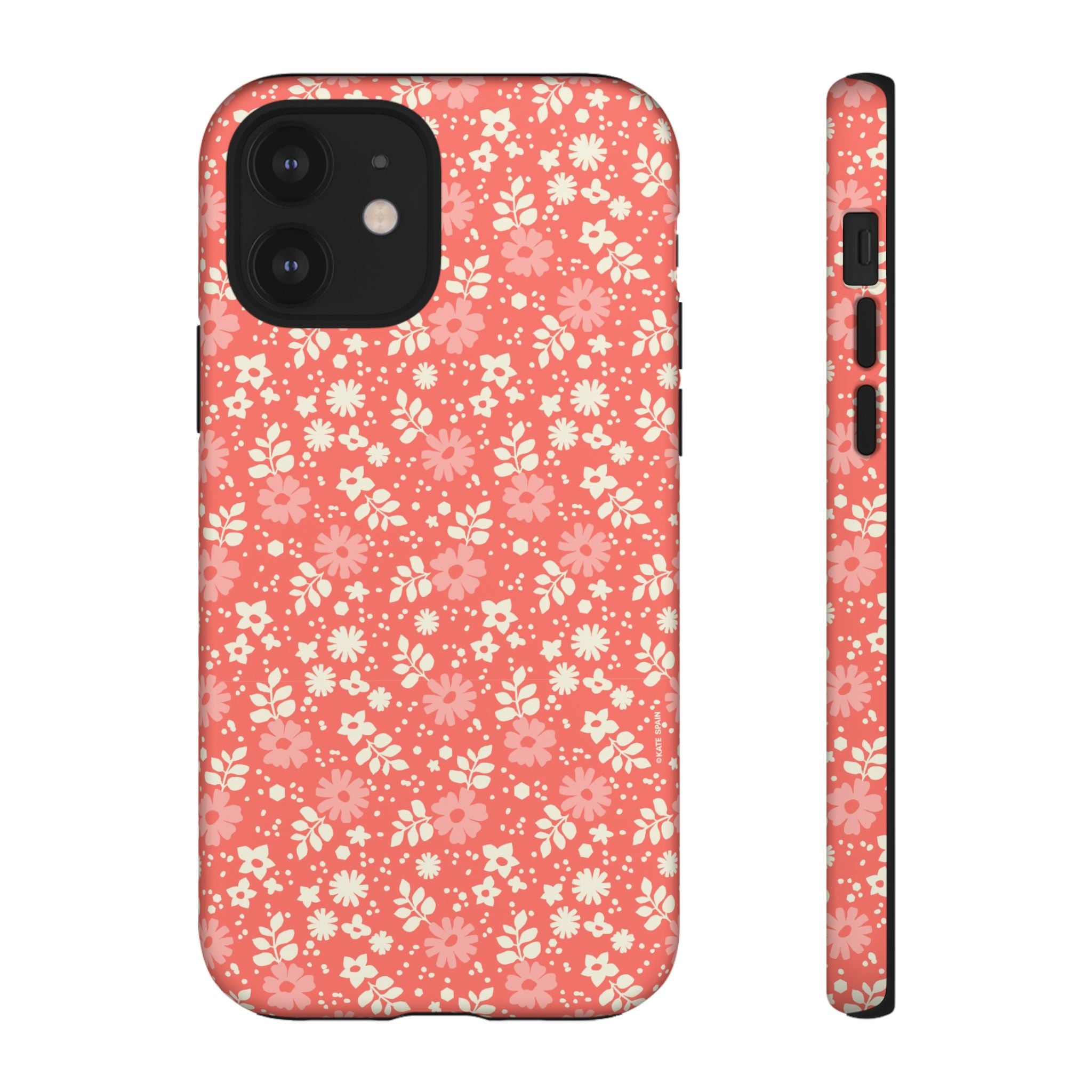 Petaline Tough iPhone 12 Case – Matte | coral, pink, cream ditsy floral print