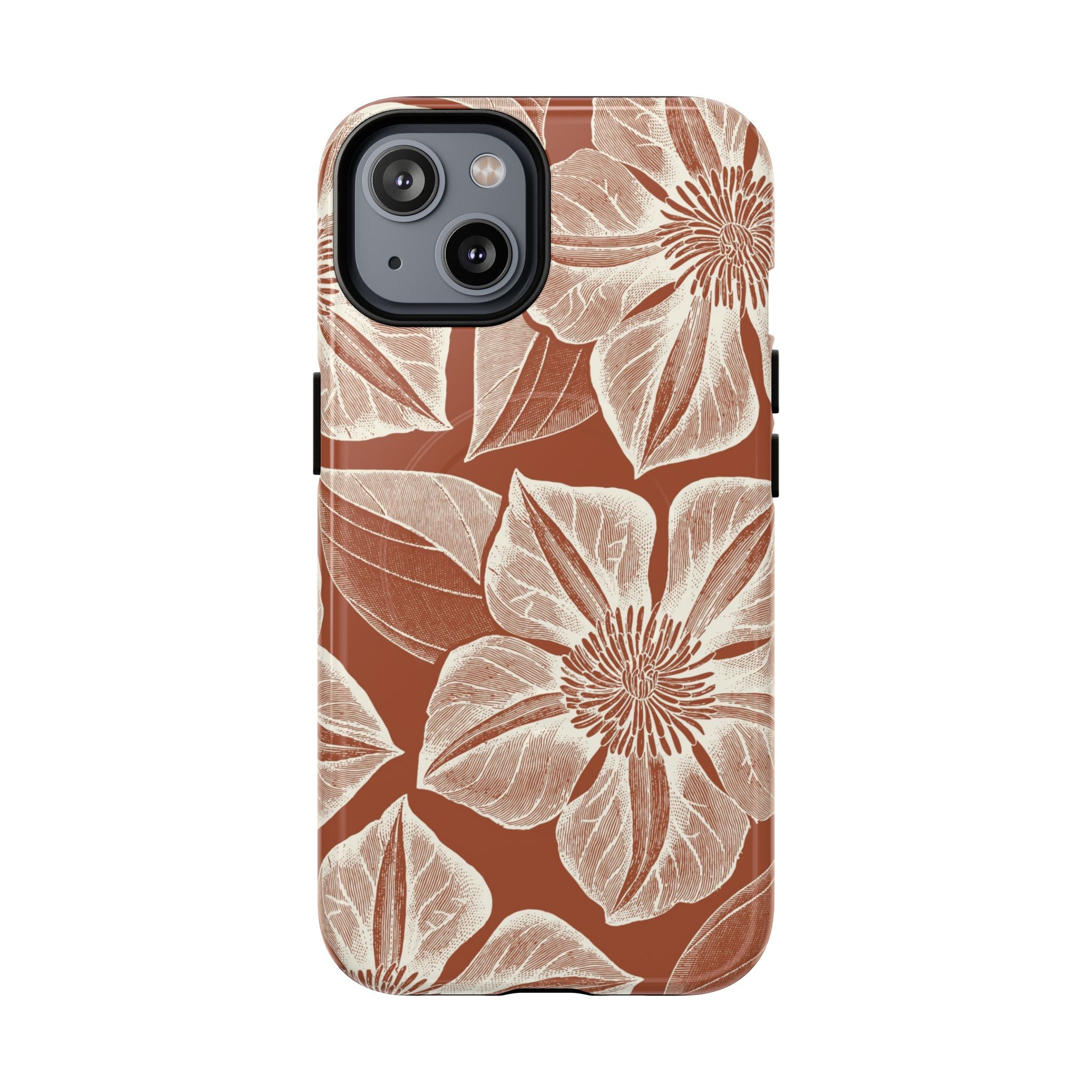 Vintage Bloom Sienna MagSafe iPhone 14 – Glossy | sienna ground, large-scale cream clematis print, engraved petal detail, dual-layer protection