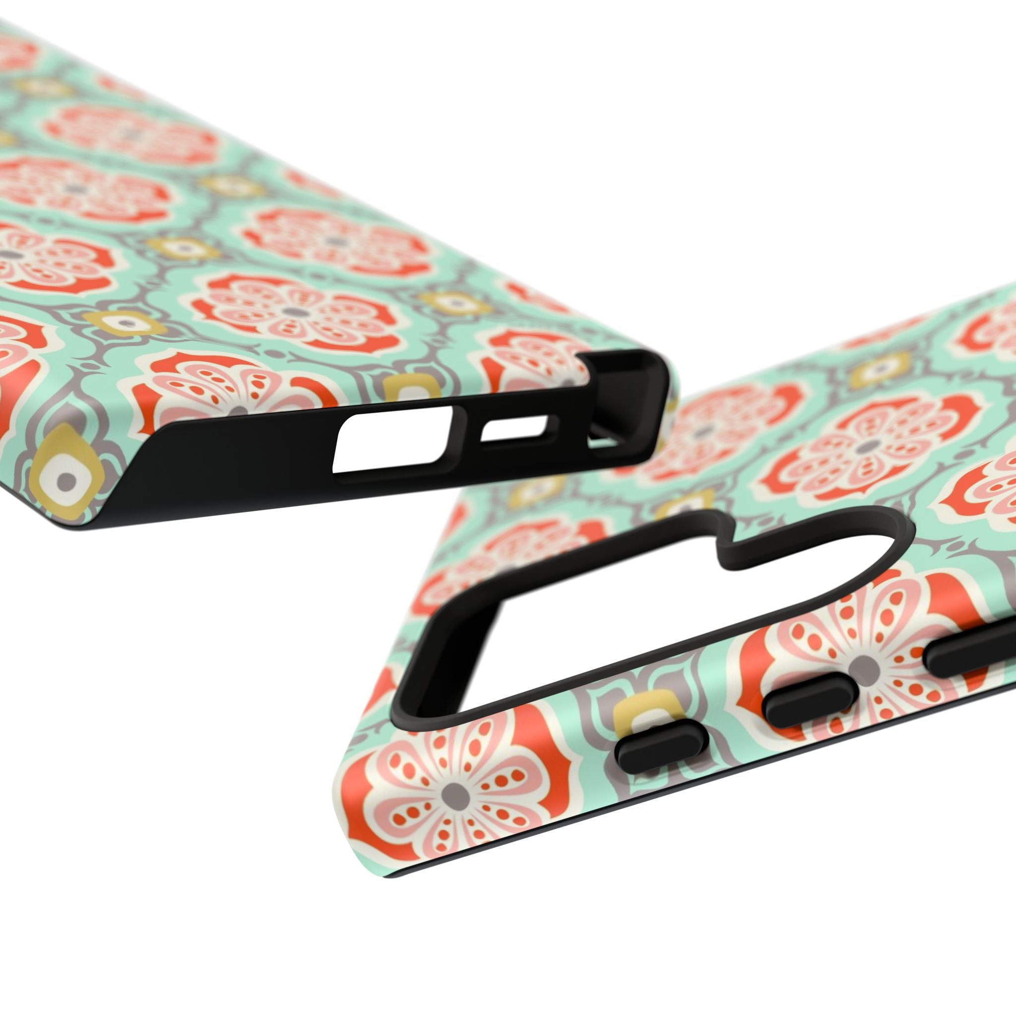 Luxury Alhambra Samsung Galaxy S24 Ultra Case – Glossy | close-up of sides of case in light turquoise, coral, cream geometric medallion tile print