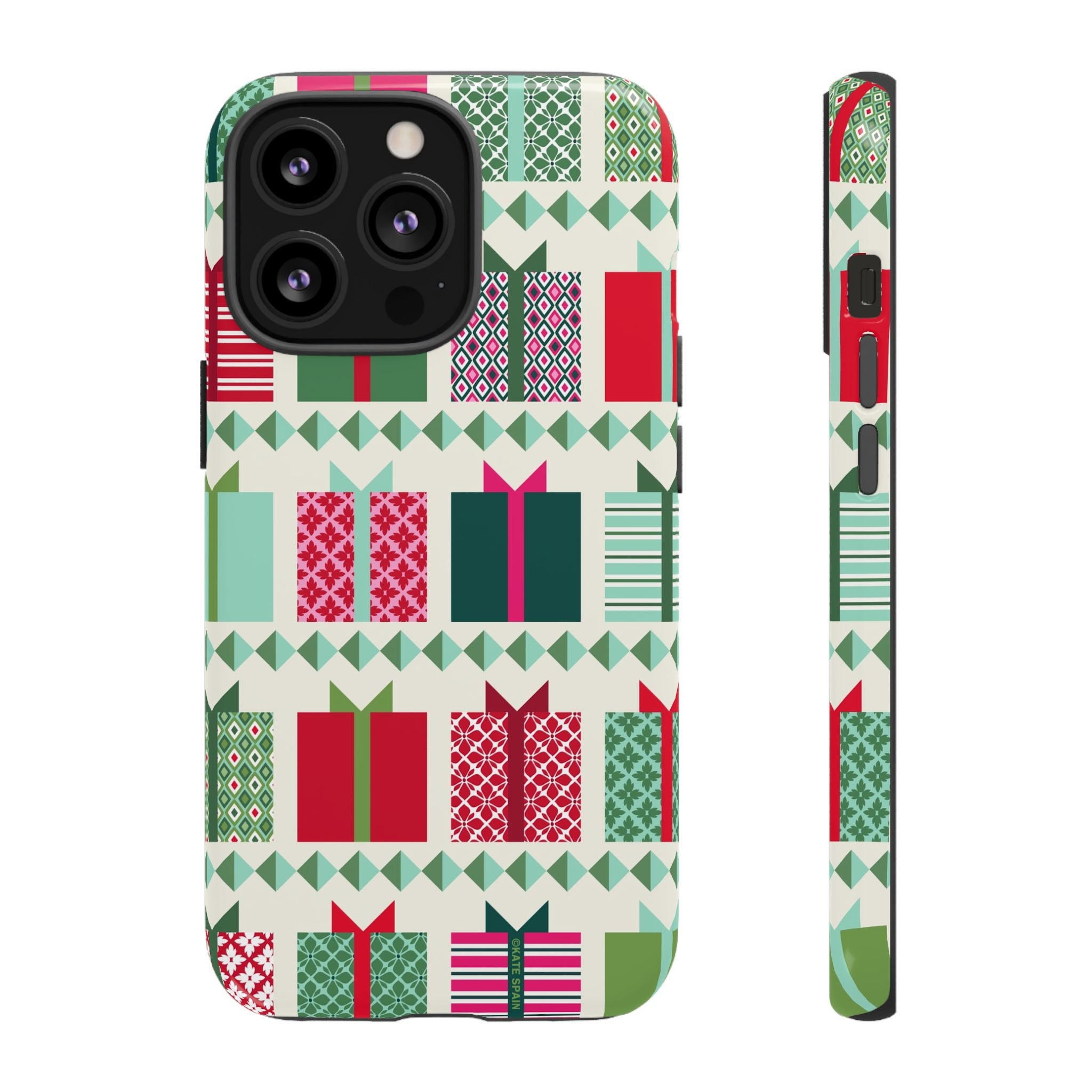 All Wrapped Up Tough iPhone 13 Pro Case – Glossy | cream, red, pink, green, mint geometric gift wrap holiday print