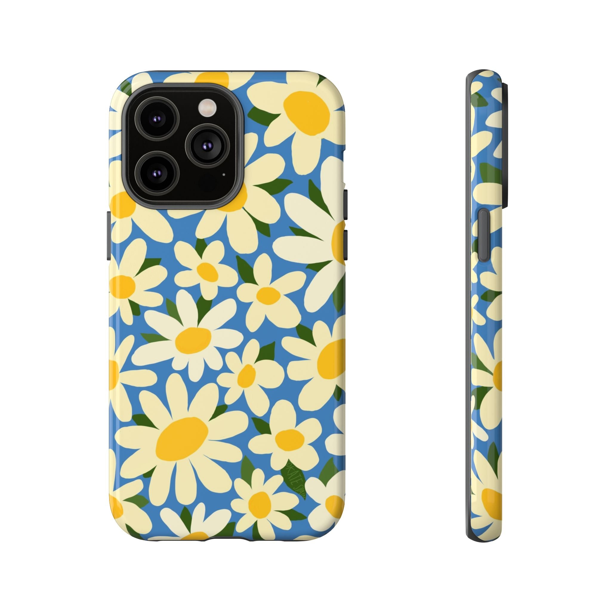 Shasta Daisy Tough iPhone 14 Pro Max Case – Glossy | blue, cream, yellow daisy floral print