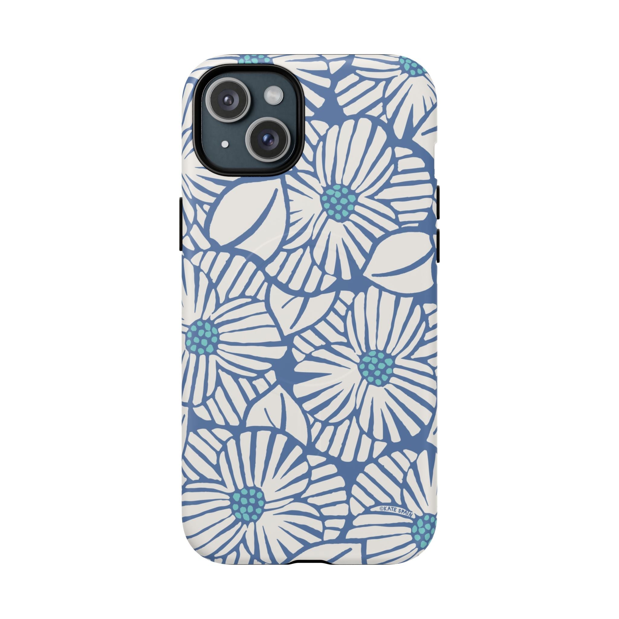 Calendula MagSafe iPhone 15 Plus Case – Matte | periwinkle, cream, teal graphic daisy floral print