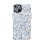 Montauk Daisy Cottage Blue MagSafe iPhone 14 Plus Case – Matte | periwinkle blue, white graphic daisy and fern print, golden yellow centers MagSafe compatible, dual-layer protection