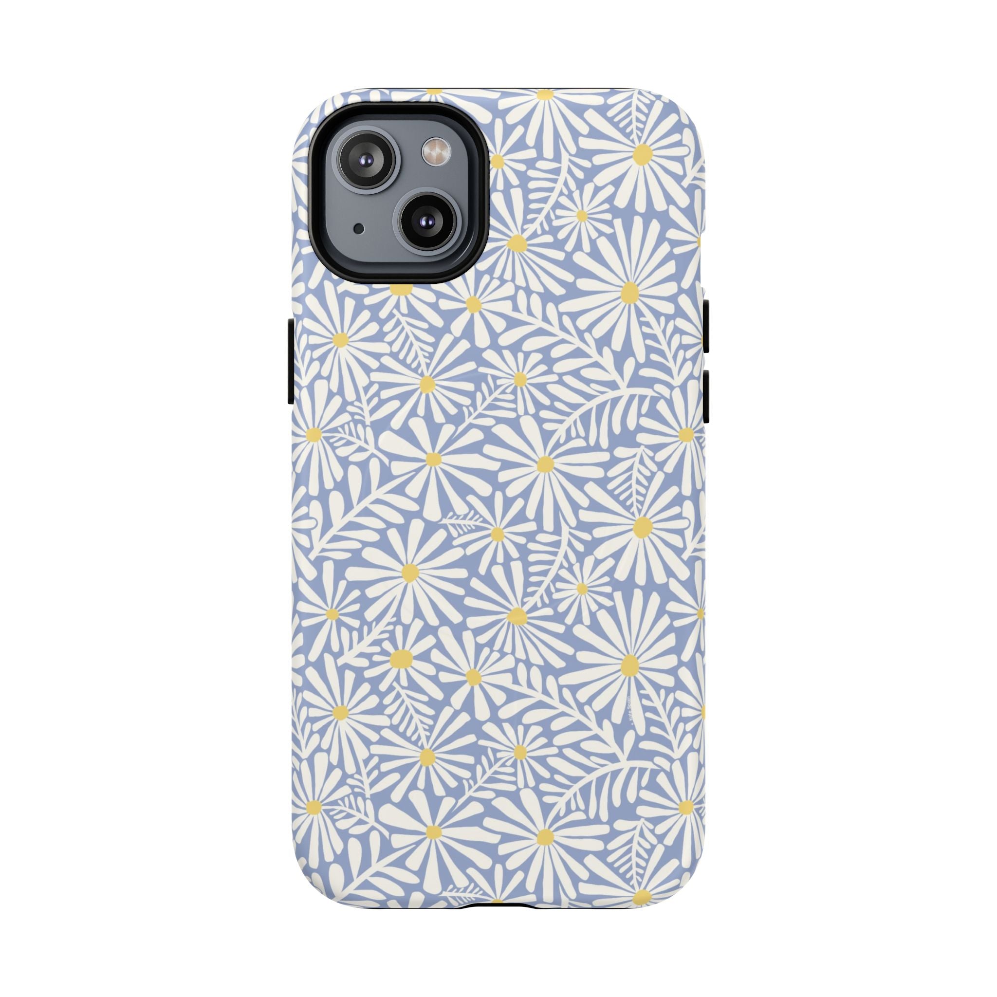 Montauk Daisy Cottage Blue MagSafe iPhone 14 Plus Case – Matte | periwinkle blue, white graphic daisy and fern print, golden yellow centers MagSafe compatible, dual-layer protection