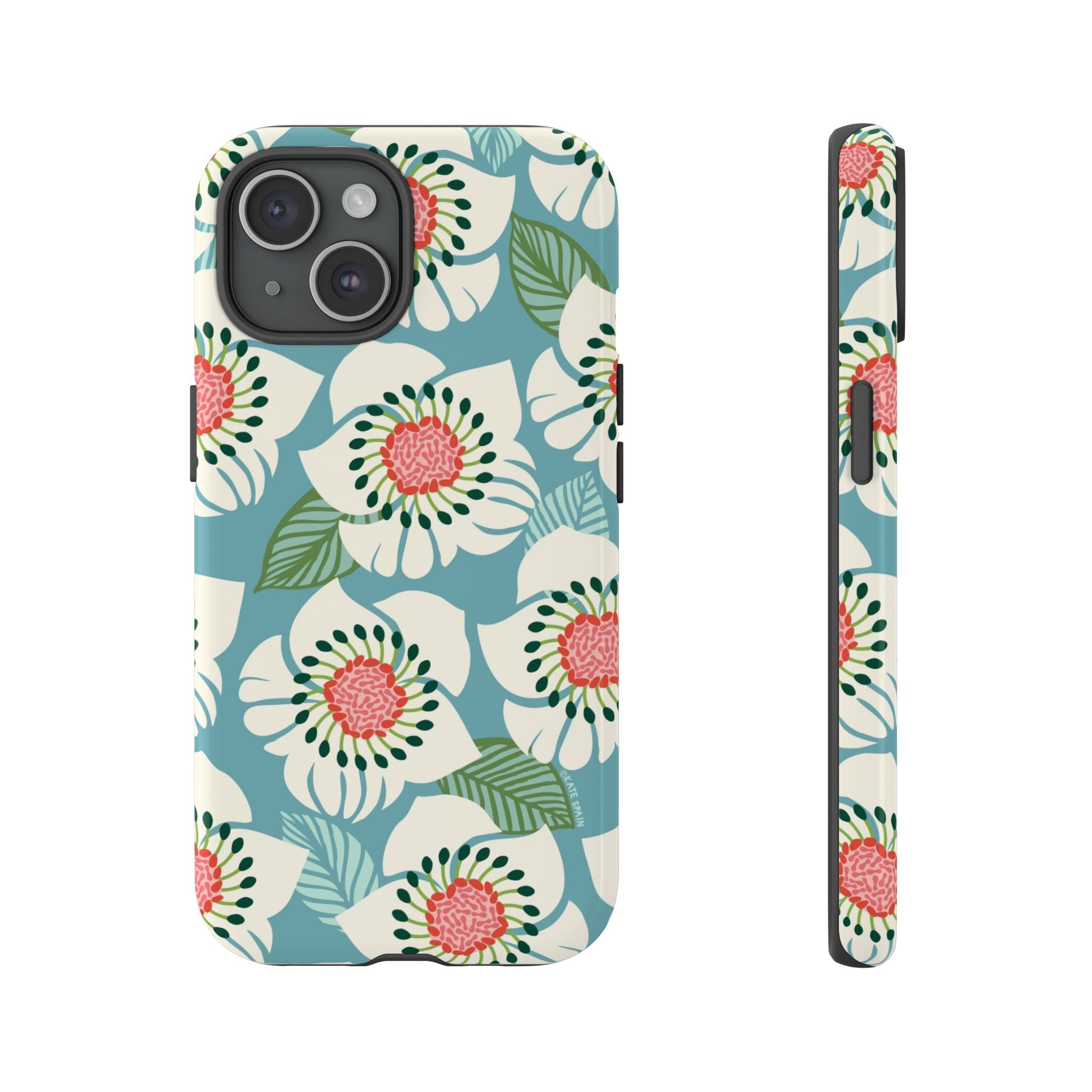 Panache Floral Tough iPhone 15 Case – Glossy | sky blue, pale cream, pink anemone floral print