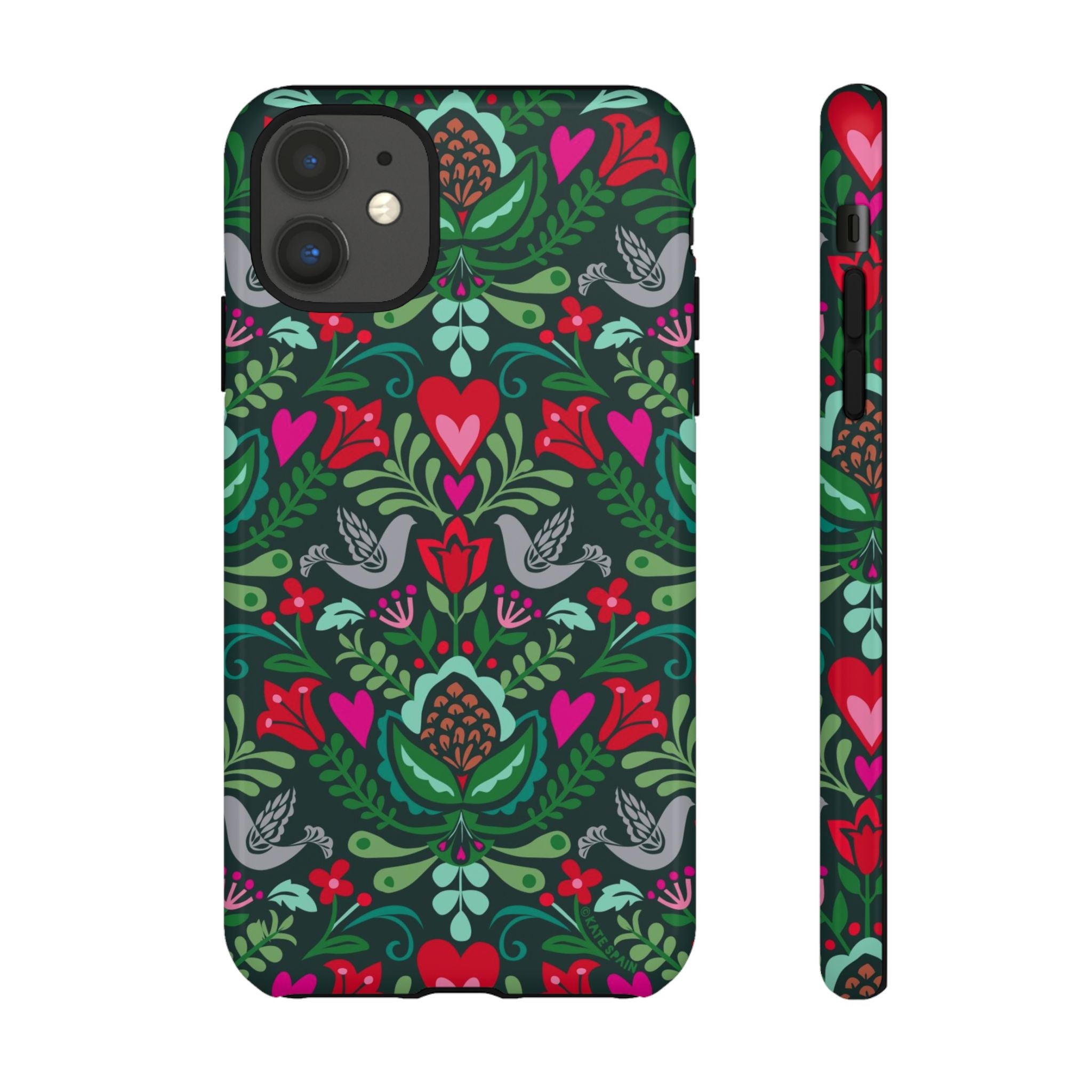 Rosemaling Tough iPhone 11 Case – Glossy | dark green, red, pink, gray folk art floral bird print