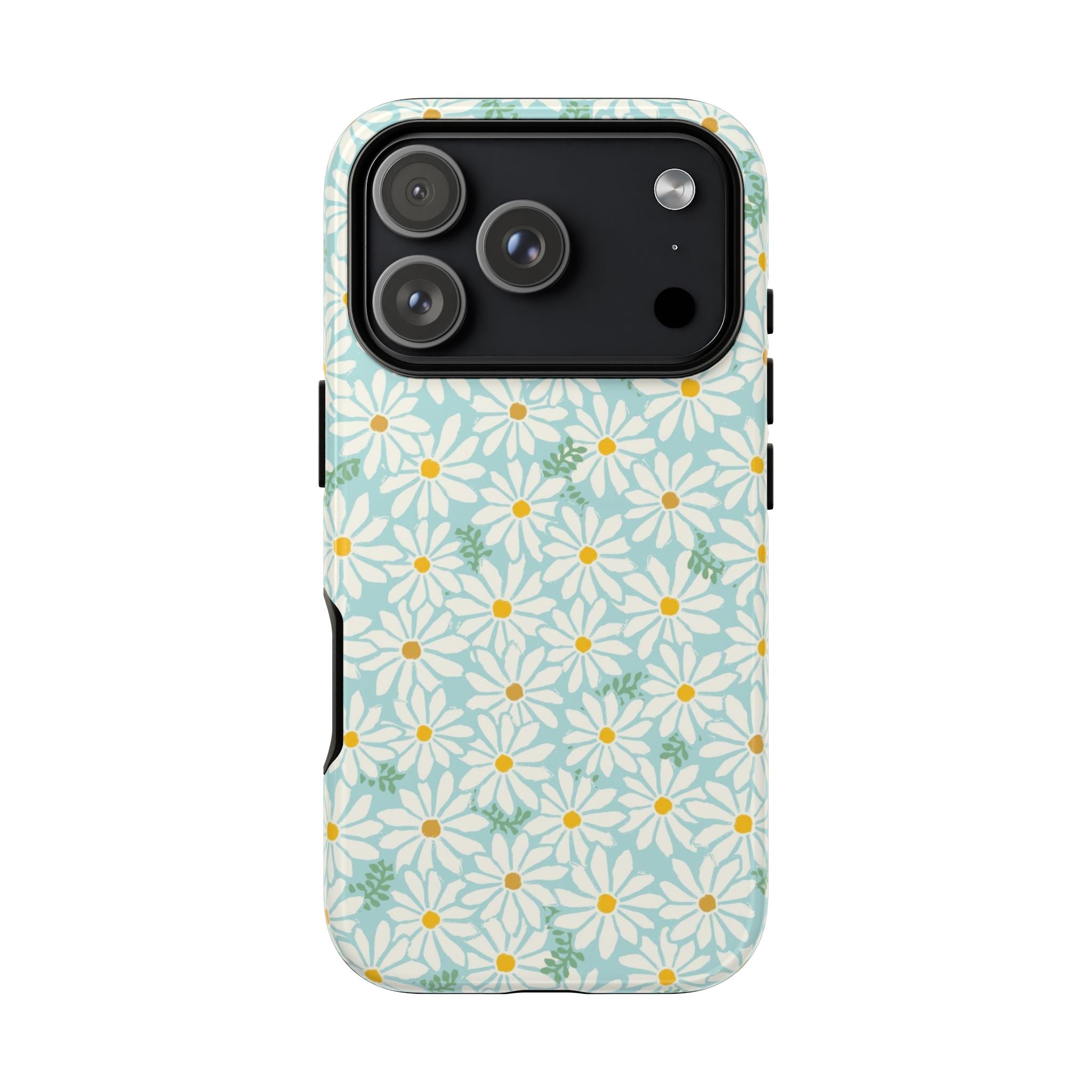 Daisies Tough iPhone 17 Pro Case – Glossy | sky blue, white daisy print, golden yellow centers, mint green leaves dual-layer protection