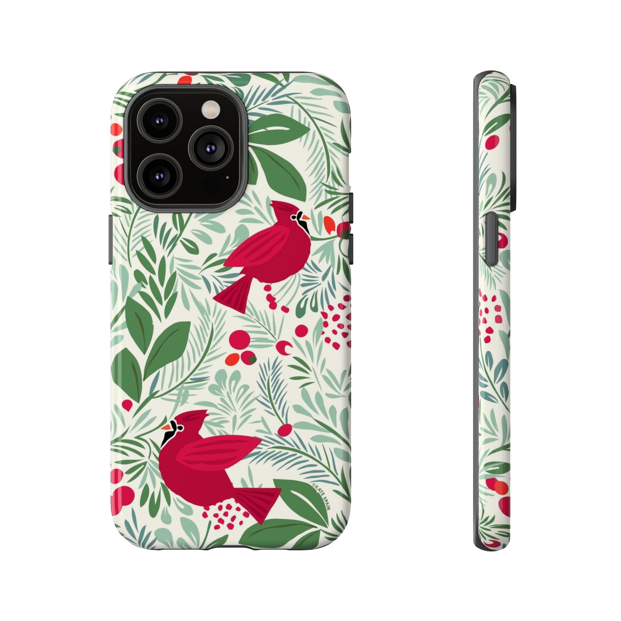 Birds and Berries Tough iPhone 14 Pro Max Case – Glossy | cream, red, green botanical cardinal berry print