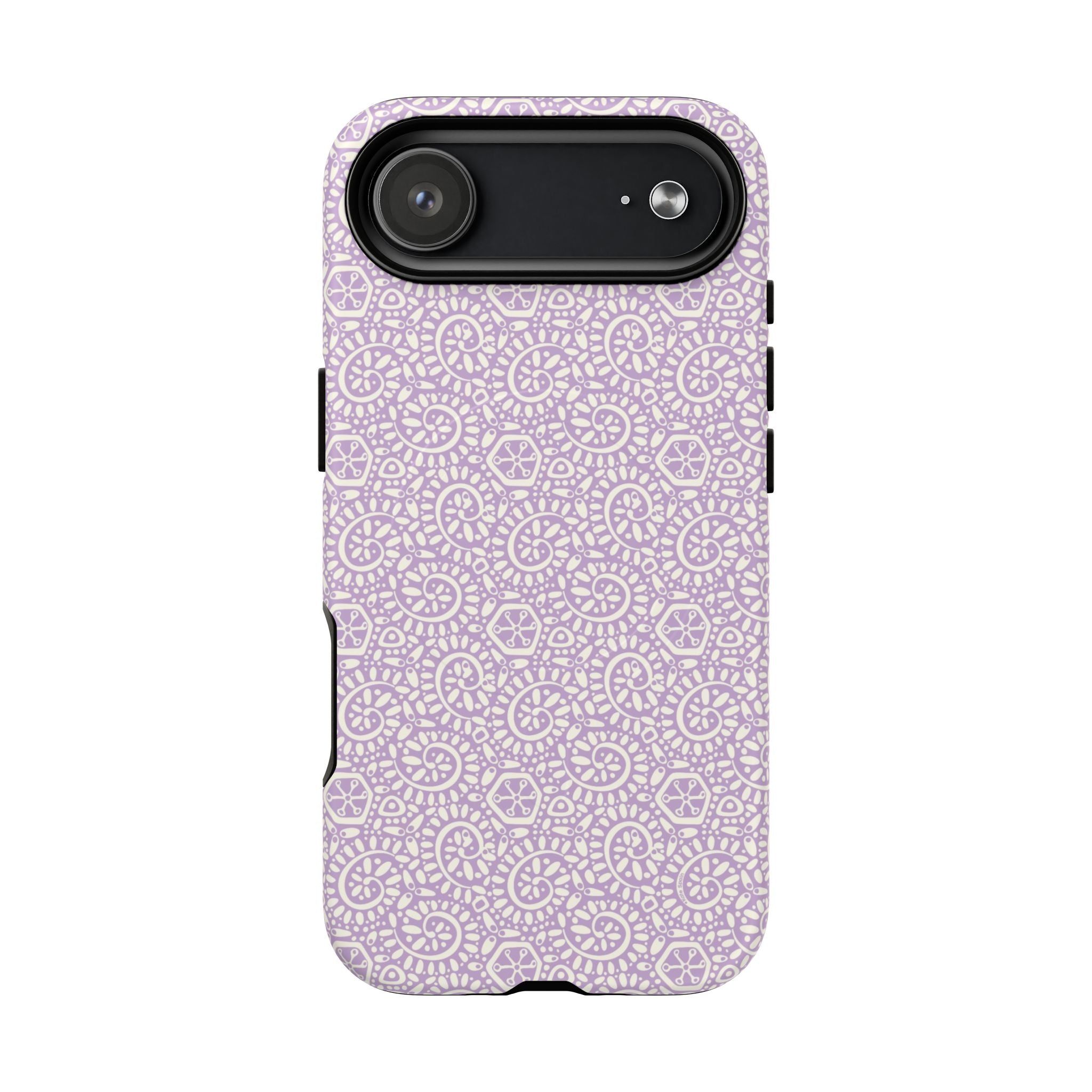 Canto Swirls Lavender MagSafe iPhone 17 Air Matte Case — lavender hard case covered in an intricate folk-art medallion pattern of radiating circular motifs, dot clusters, and geometric centers