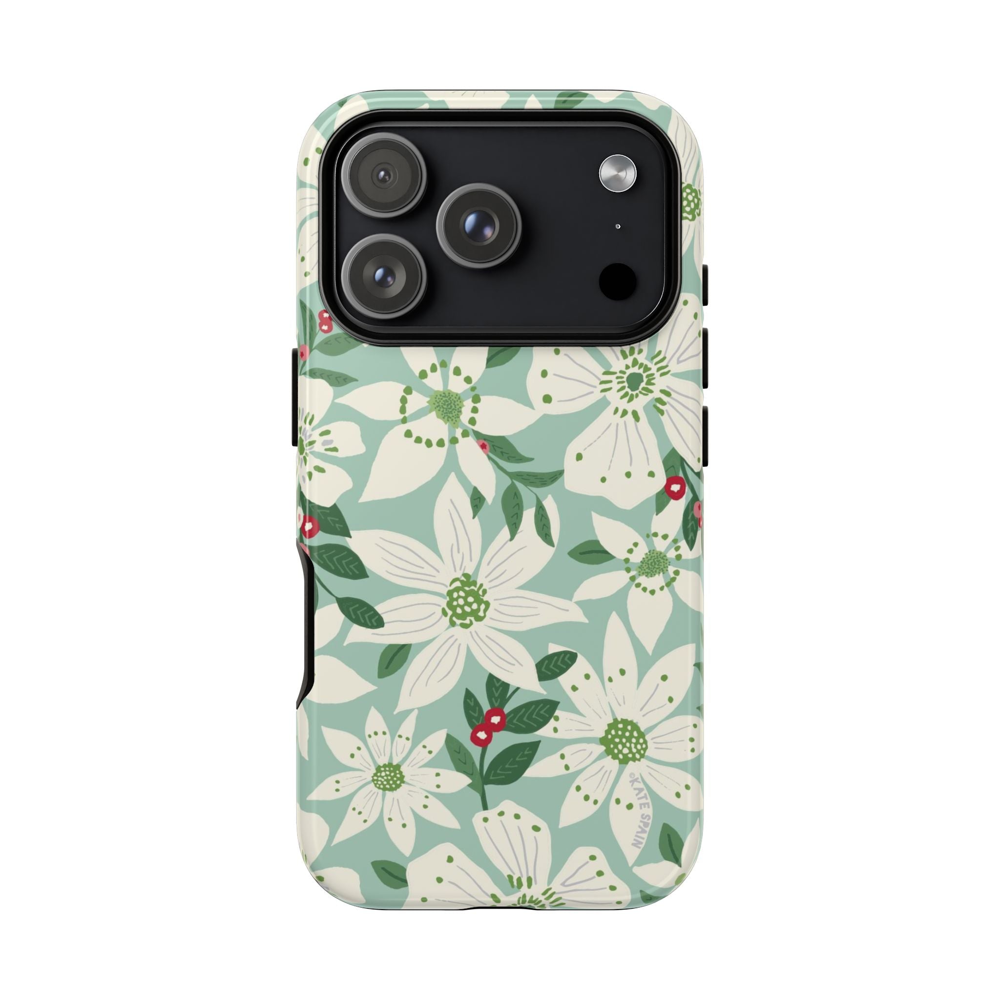 Gardenia Tough iPhone 17 Pro Case – Glossy | light blue, white, green, red gardenia botanical print