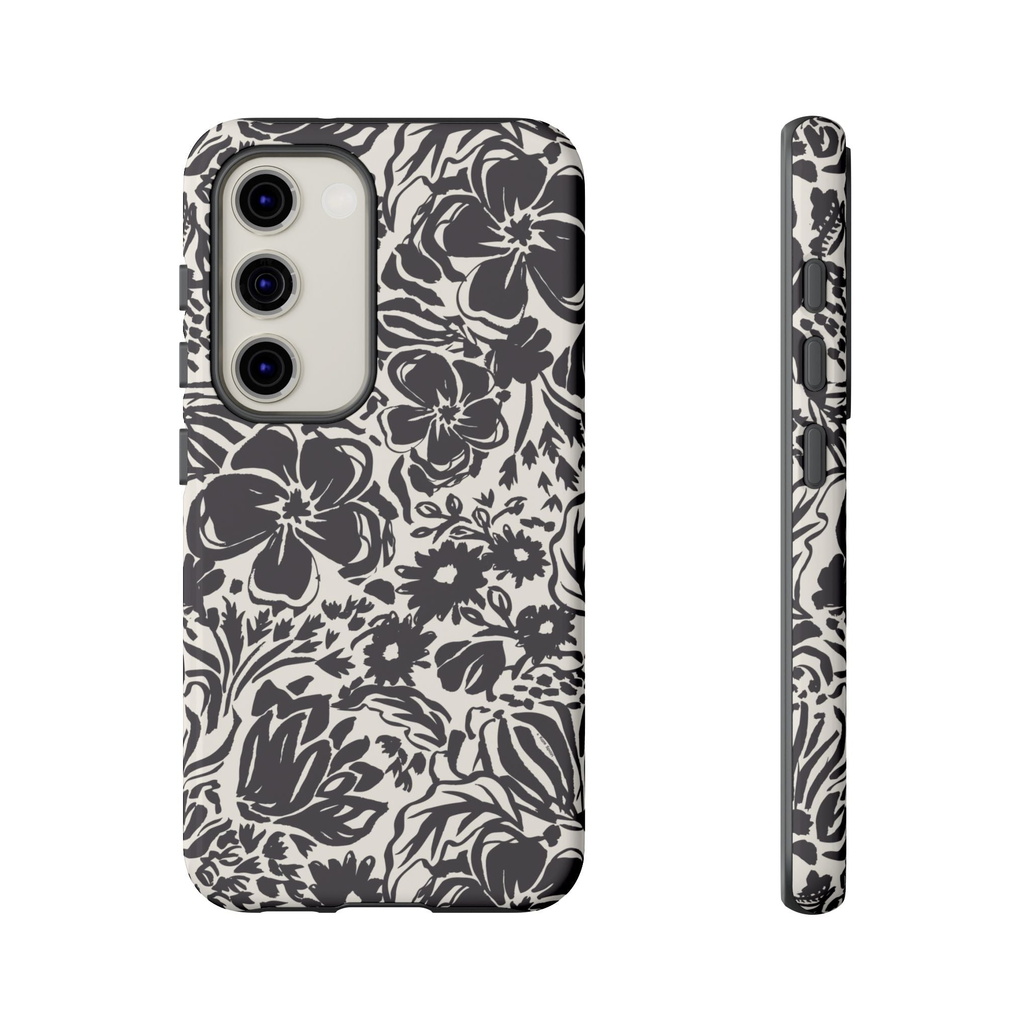 Rhapsody Black Samsung Galaxy S23 Glossy case — bold charcoal floral print on cream by Kate Spain