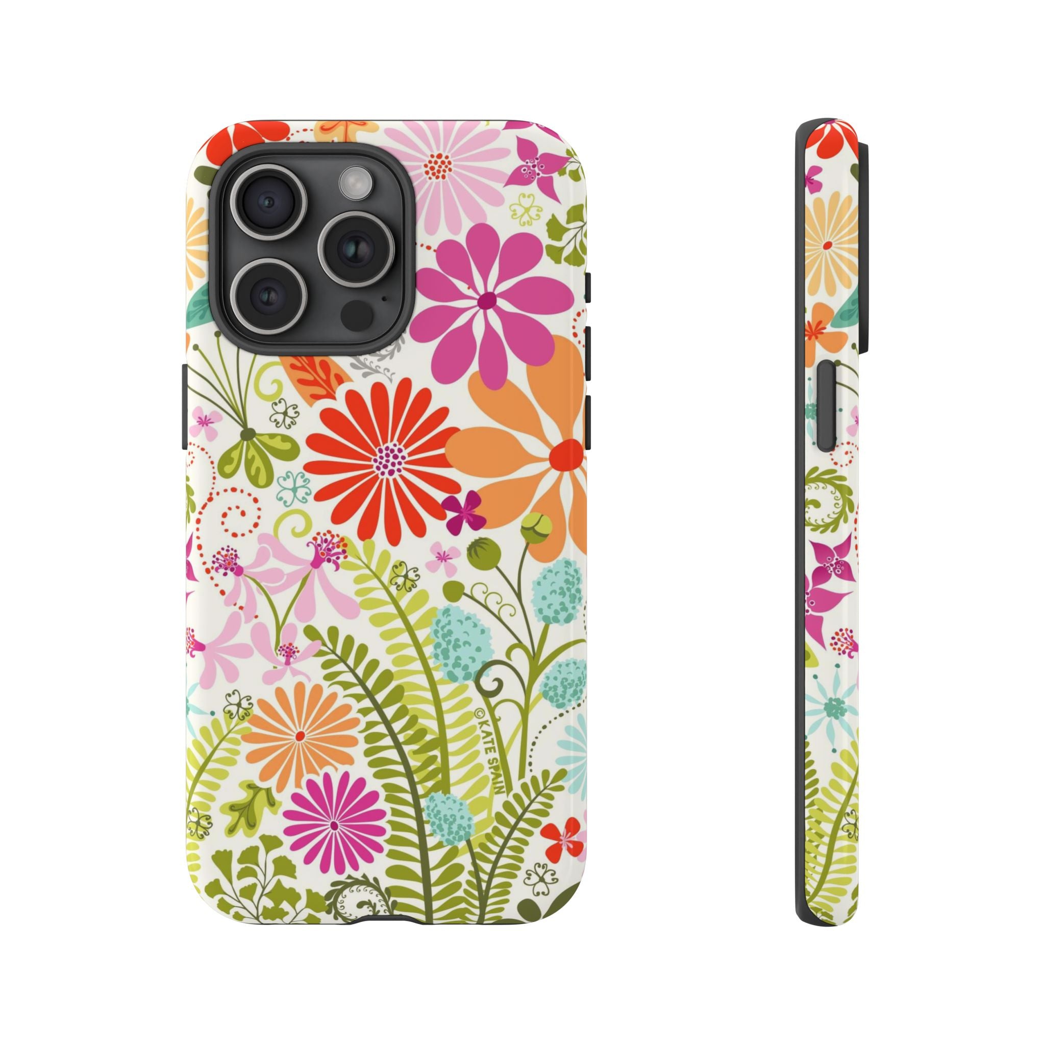 Luxury Terrain Tough iPhone 15 Pro Max Case – Glossy | white, magenta, coral botanical woodland floral print