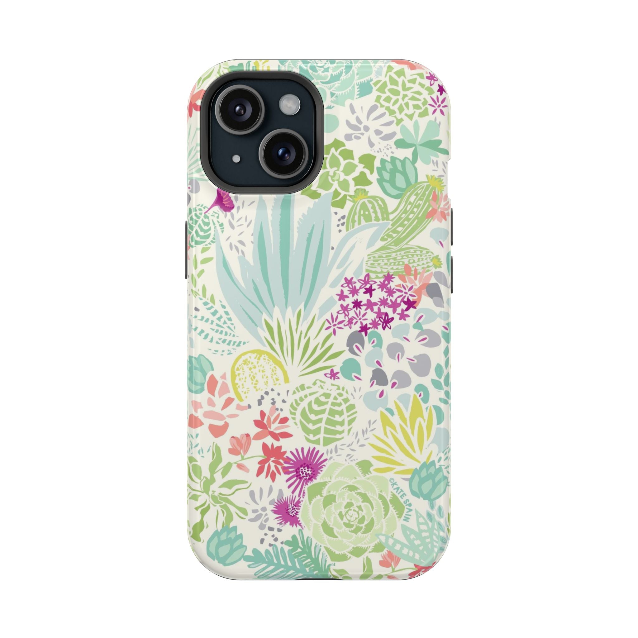 Canyon MagSafe iPhone 15 Case – Glossy | aqua, coral, purple, sage green succulent and cactus print