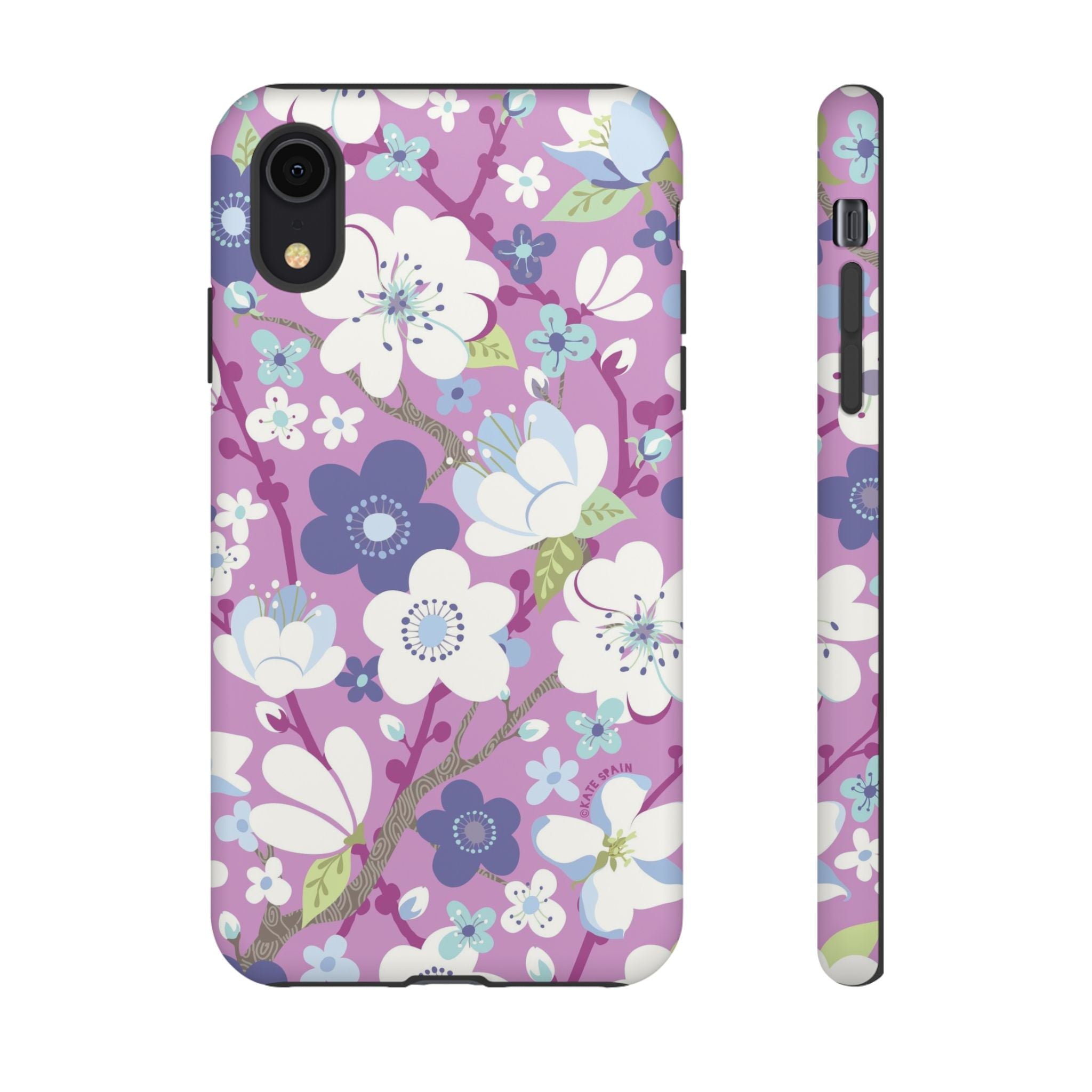 Luxury Cherry Blossom Tough iPhone XR Case – Matte | mauve, purple, blue, white cherry blossom print