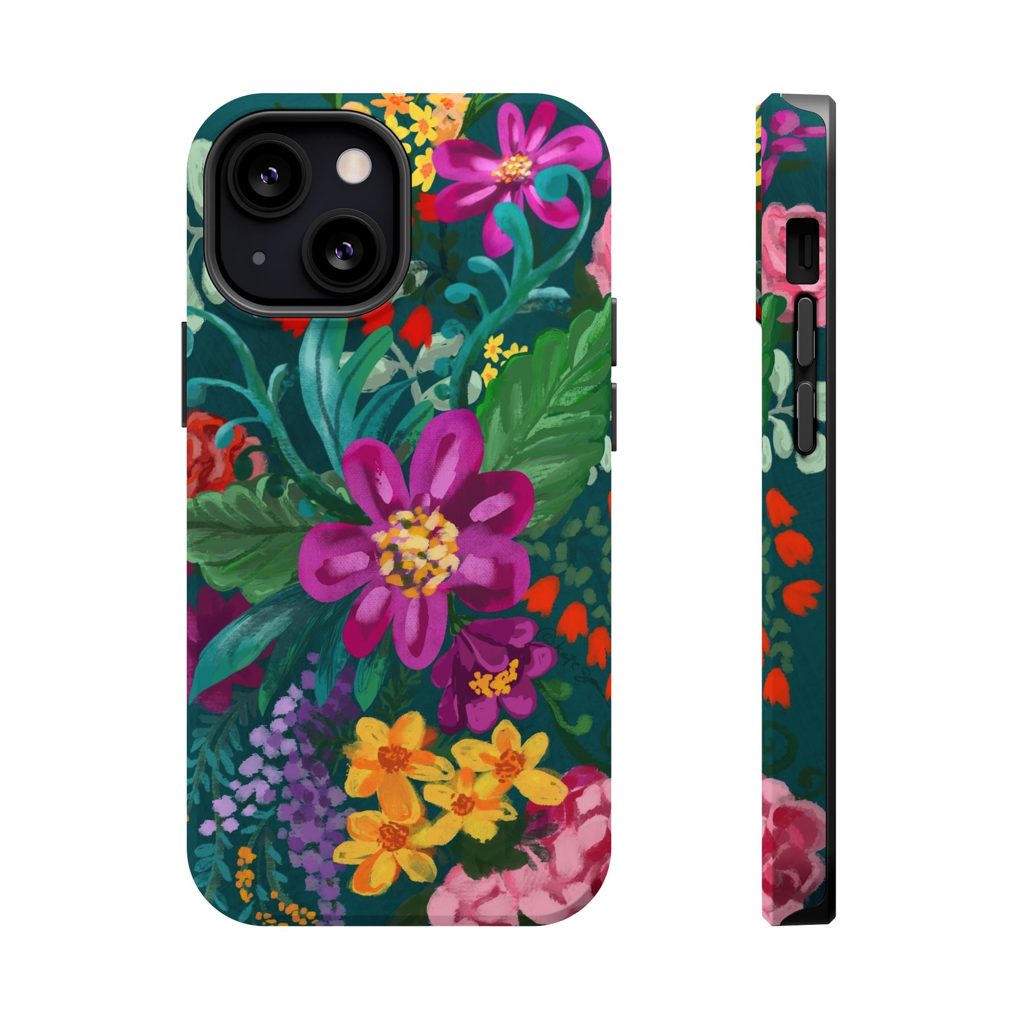 Posy MagSafe iPhone 13 Mini Case – Matte | teal, magenta, yellow, pink vibrant botanical floral print