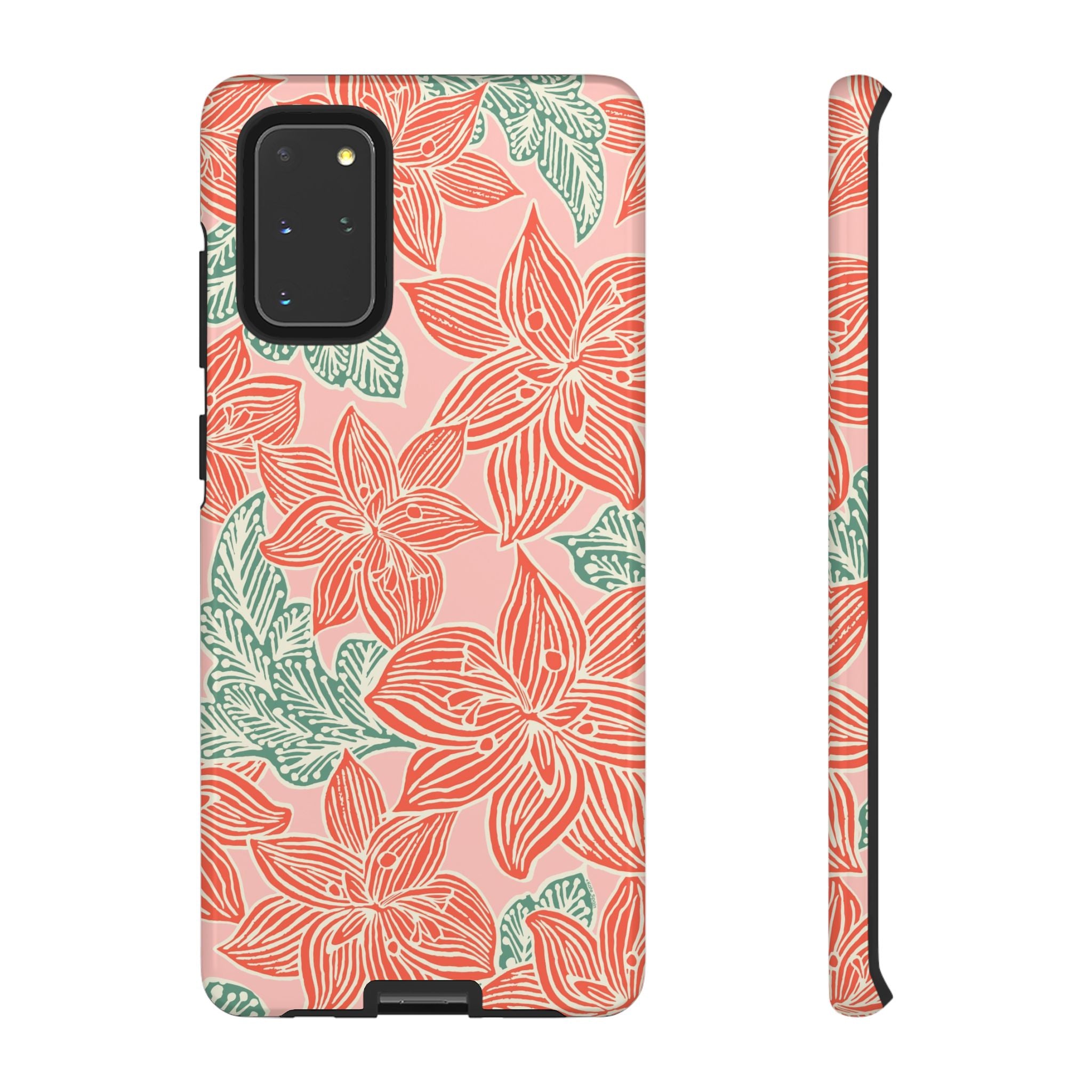 Hibiscus Coral Samsung Galaxy S20+ Glossy Case — blush pink hard case with large-scale coral red hibiscus flowers and teal-green leaves in a bold botanical linework print, densely layered across the surface
