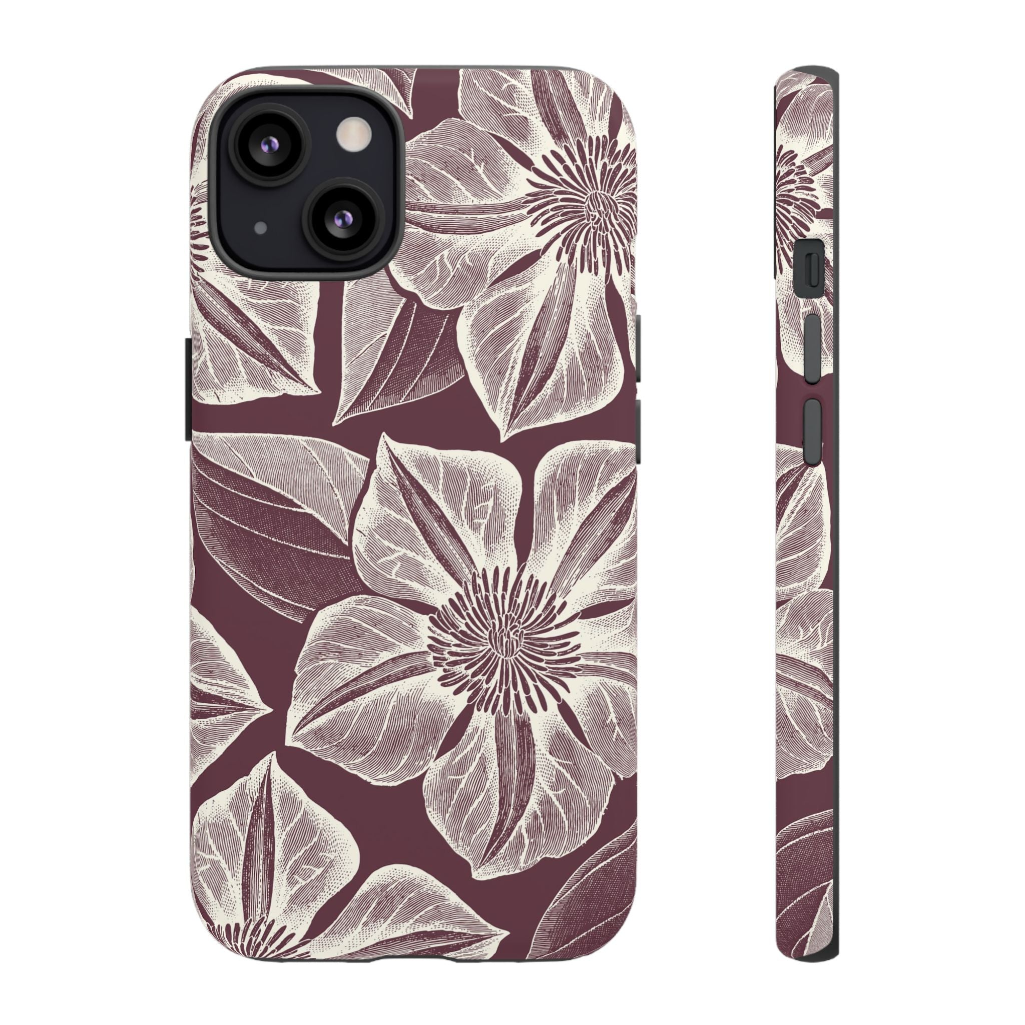 Vintage Bloom Burgundy iPhone 13 case – Matte | burgundy ground, large-scale cream clematis print, engraved petal detail, dual-layer protection