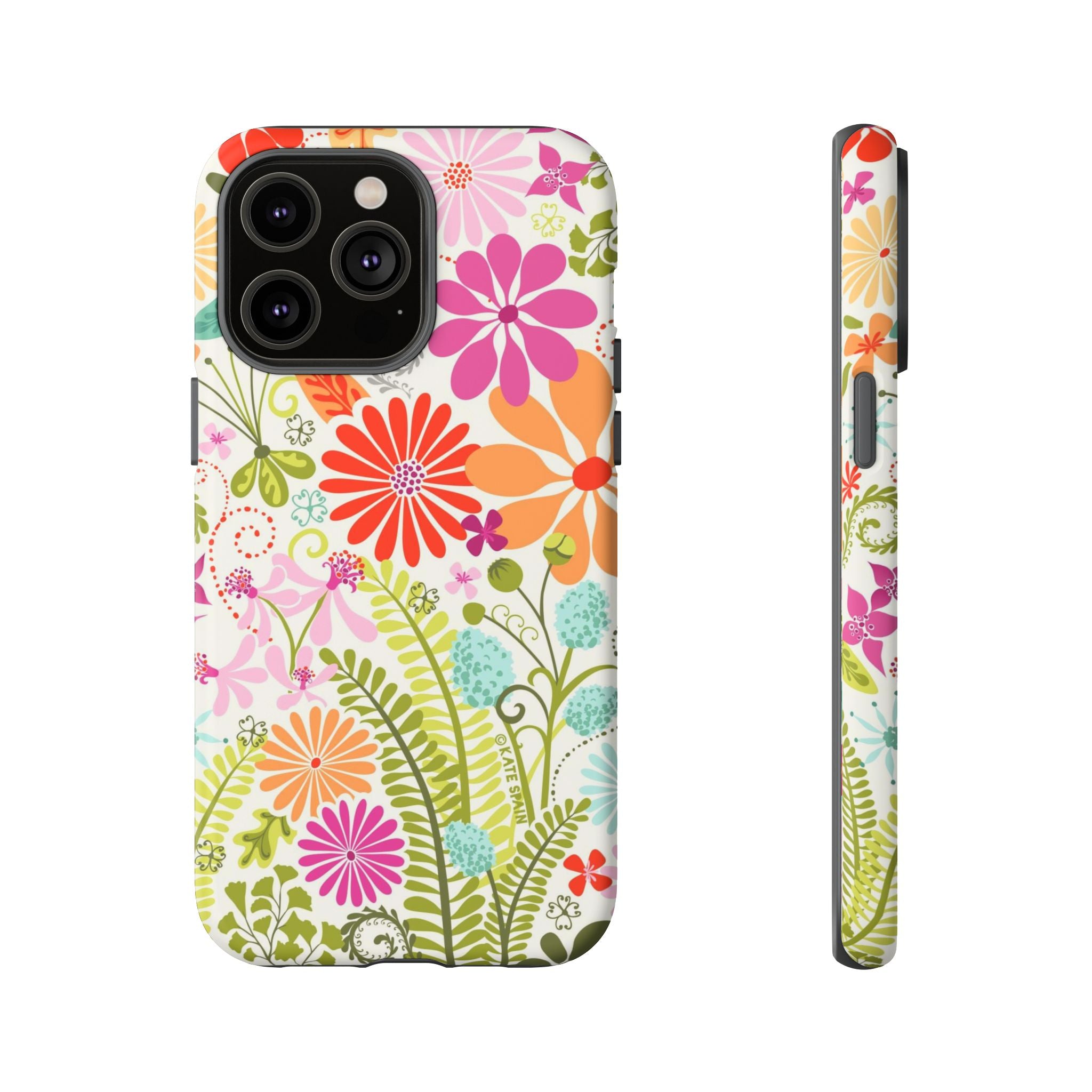 Luxury Terrain Tough iPhone 14 Pro Max Case – Matte | white, magenta, coral botanical woodland floral print