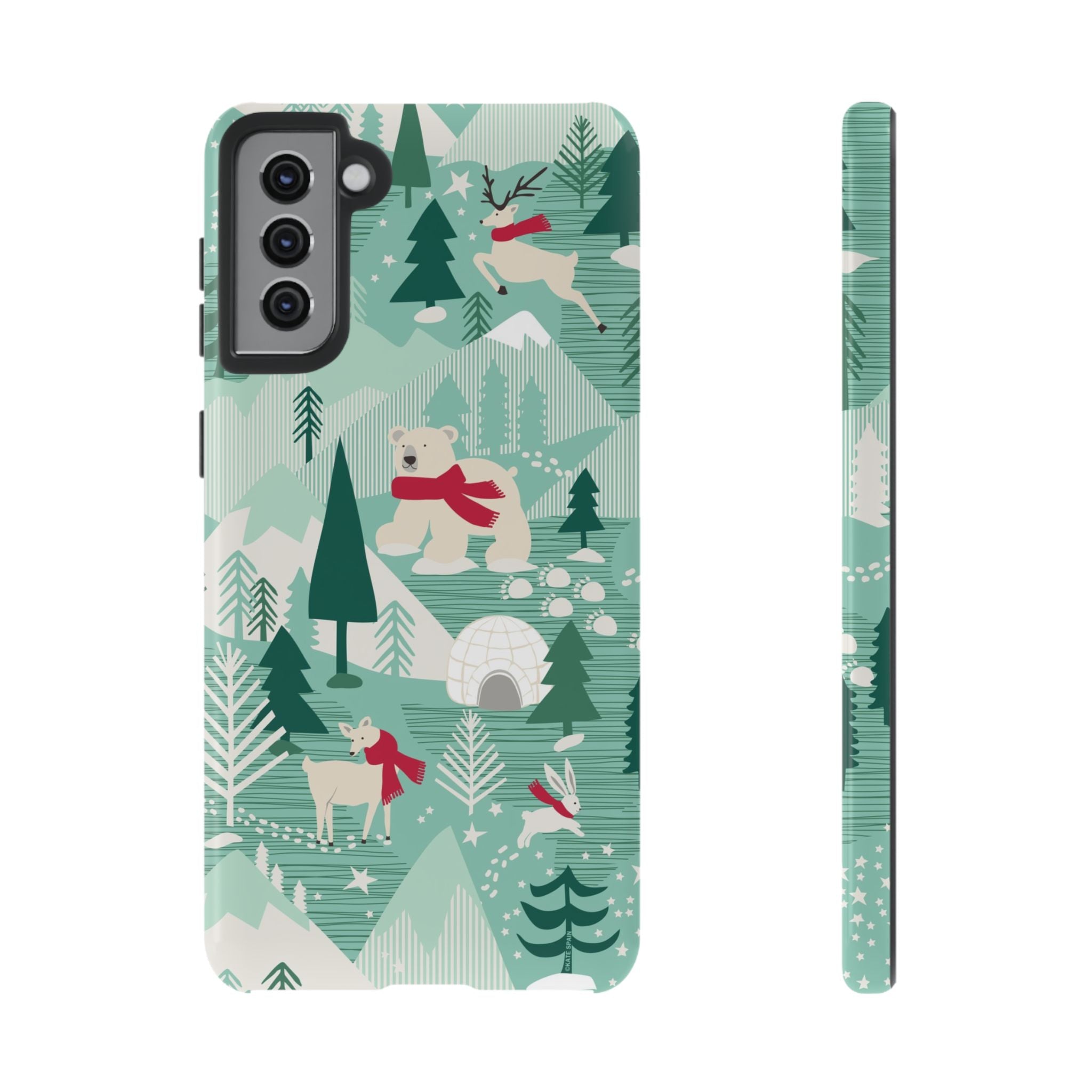 Arctica Winter Samsung Galaxy S21 Plus Case – Glossy | aqua, evergreen, white, animal frolic winter wonderland print