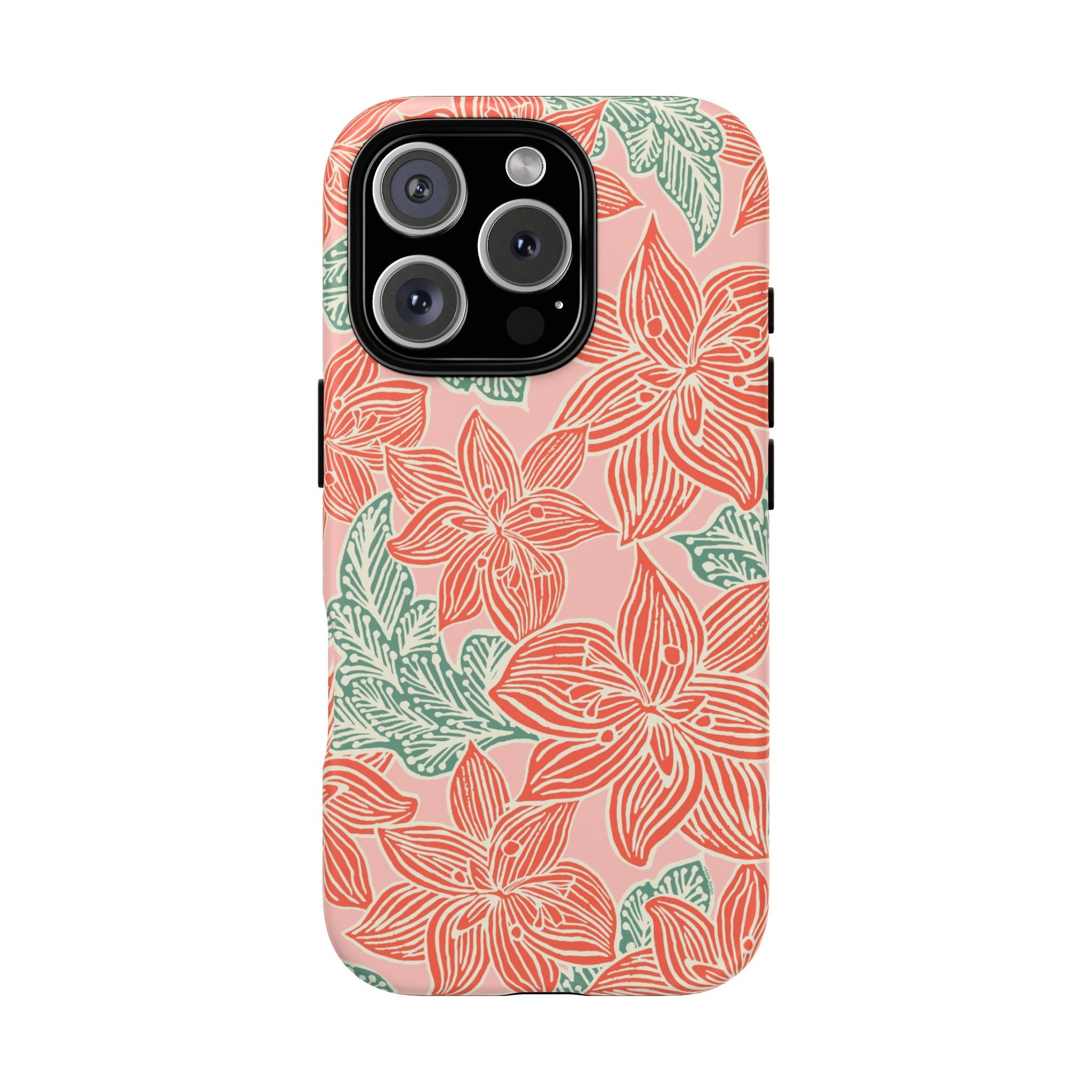Hibiscus Coral iPhone 16 Pro Matte Case — blush pink hard case with large-scale coral red hibiscus flowers and teal-green leaves in a bold botanical linework print, densely layered across the surface