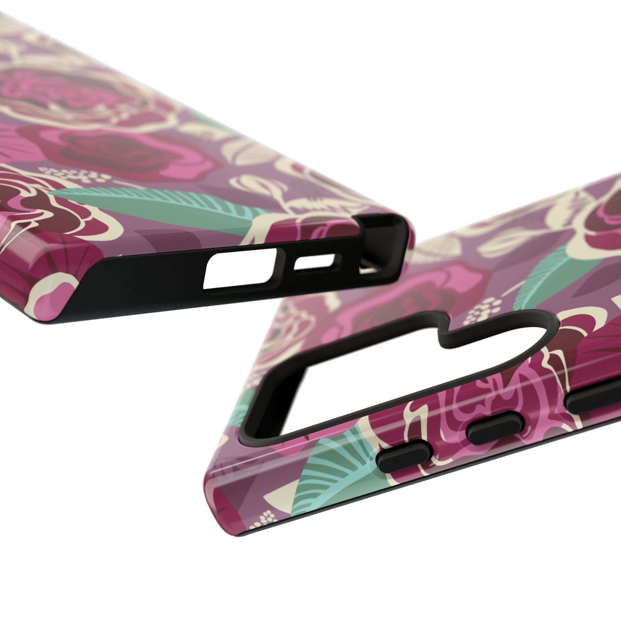Luxury Tea Rose Burgundy Samsung Galaxy S25 Ultra Case – Glossy | Close-up of sides of case in burgundy, magenta, plum botanical rose floral print