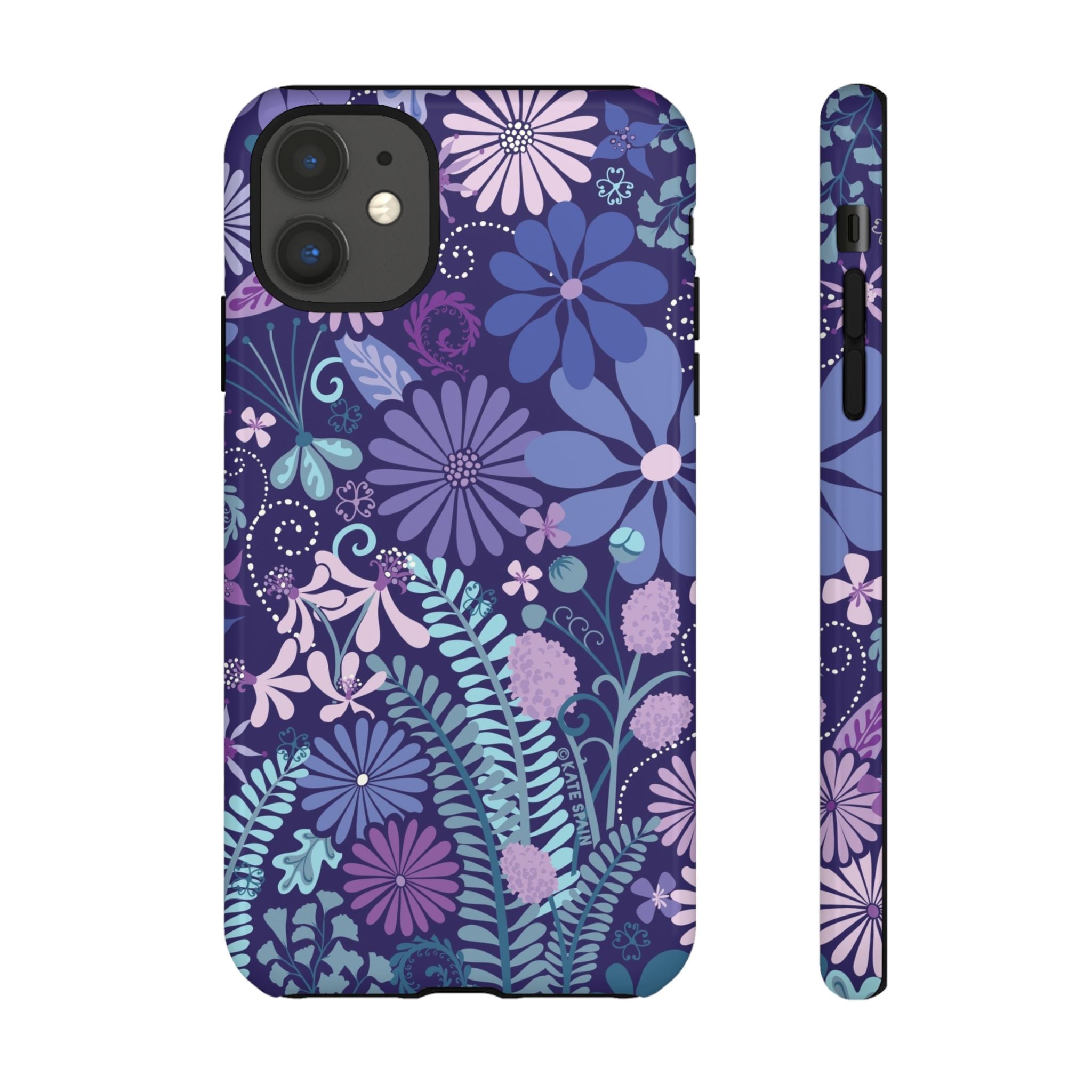 Luxury Terrain Tough iPhone 11 Case – Glossy | navy, purple, aqua botanical woodland floral print