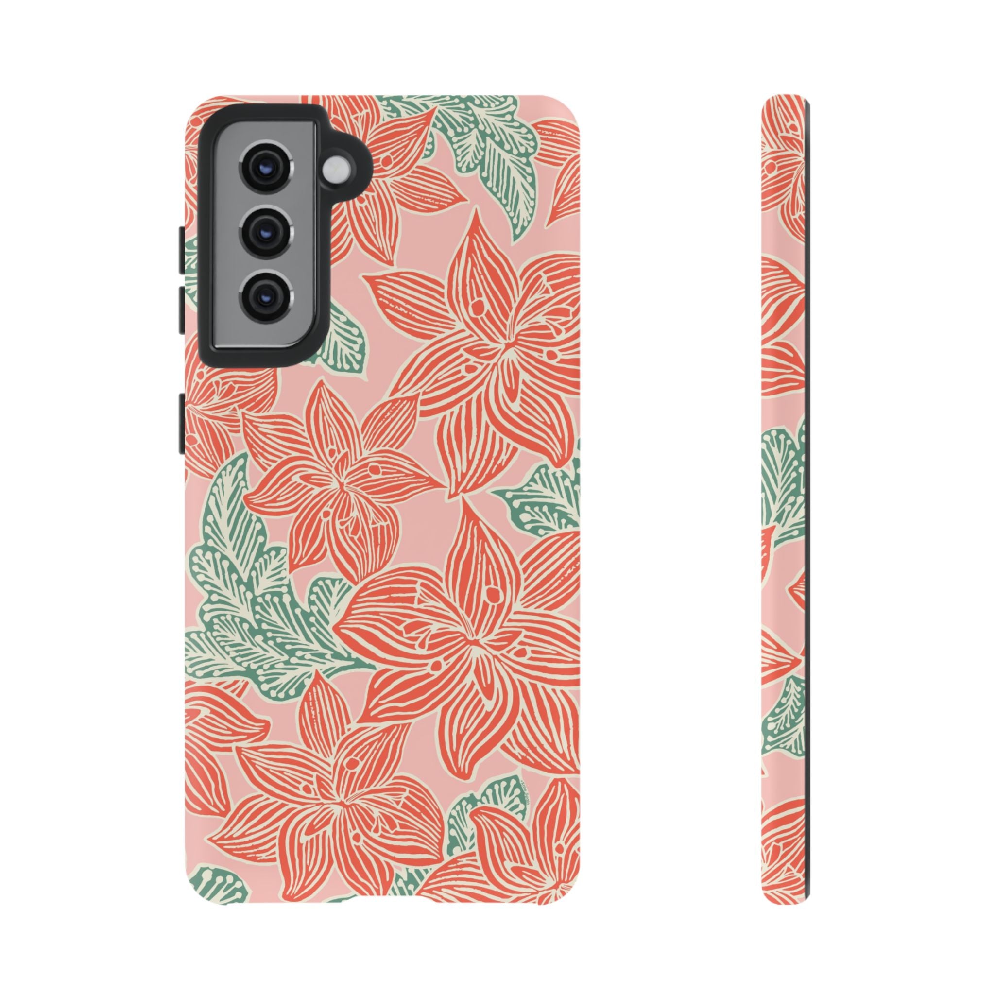 Hibiscus Coral Samsung Galaxy S21 Matte Case — blush pink hard case with large-scale coral red hibiscus flowers and teal-green leaves in a bold botanical linework print, densely layered across the surface