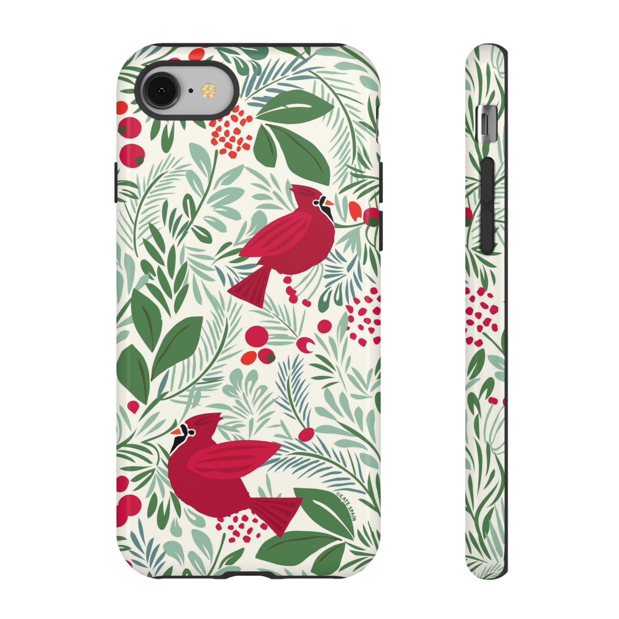 Birds and Berries Tough iPhone 8 Case – Glossy | cream, red, green botanical cardinal berry print