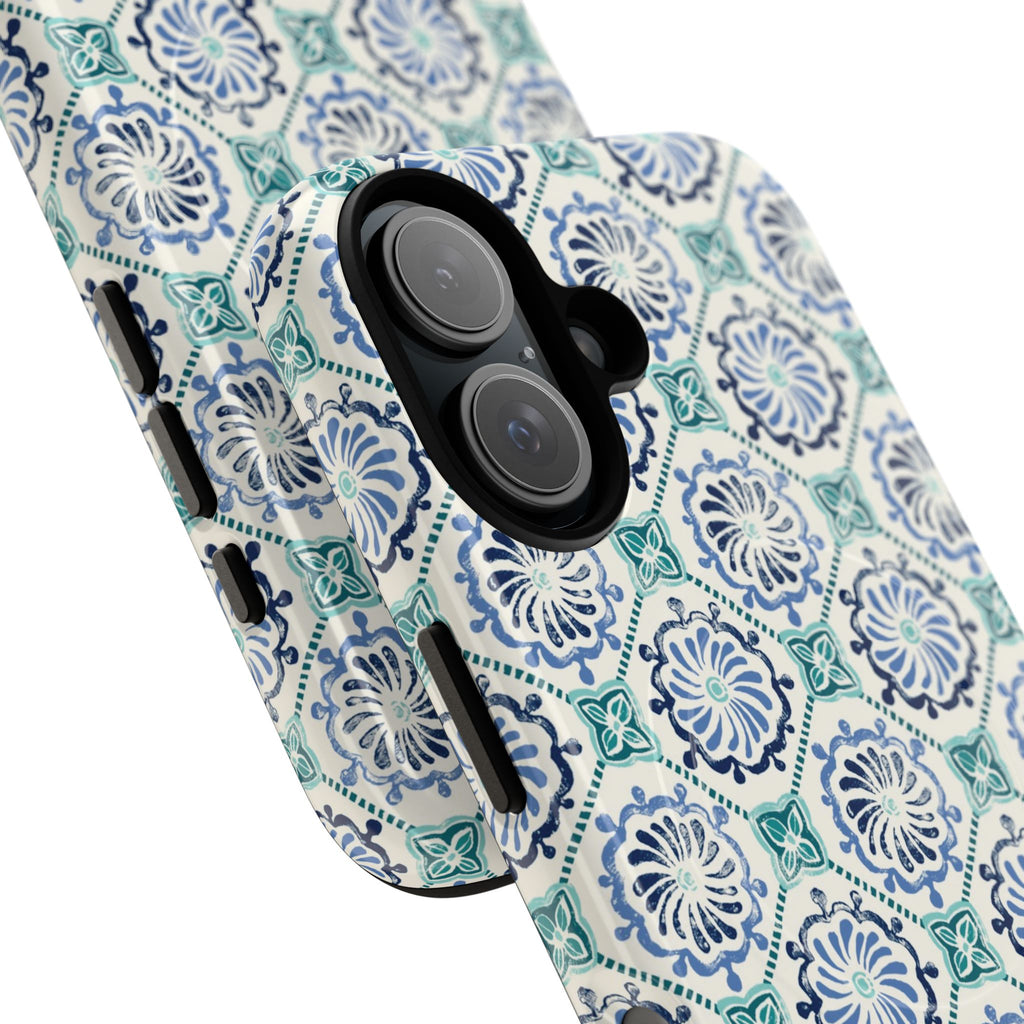 Horizon Blue Tile MagSafe iPhone 17 Case – Glossy, angled view closeup of camera cutout and buttons | blue, turquoise, cream white MagSafe compatible, dual-layer protection
