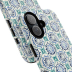 Horizon Blue Tile MagSafe iPhone 17 Case – Glossy, angled view closeup of camera cutout and buttons | blue, turquoise, cream white MagSafe compatible, dual-layer protection