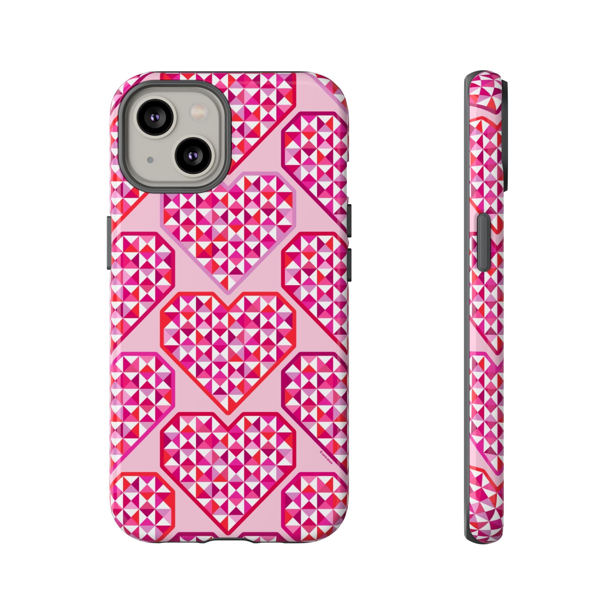 Pink Pyramid Heart Tough iPhone 14 Case – Glossy | blush, pink, magenta, red geometric pyramid heart print