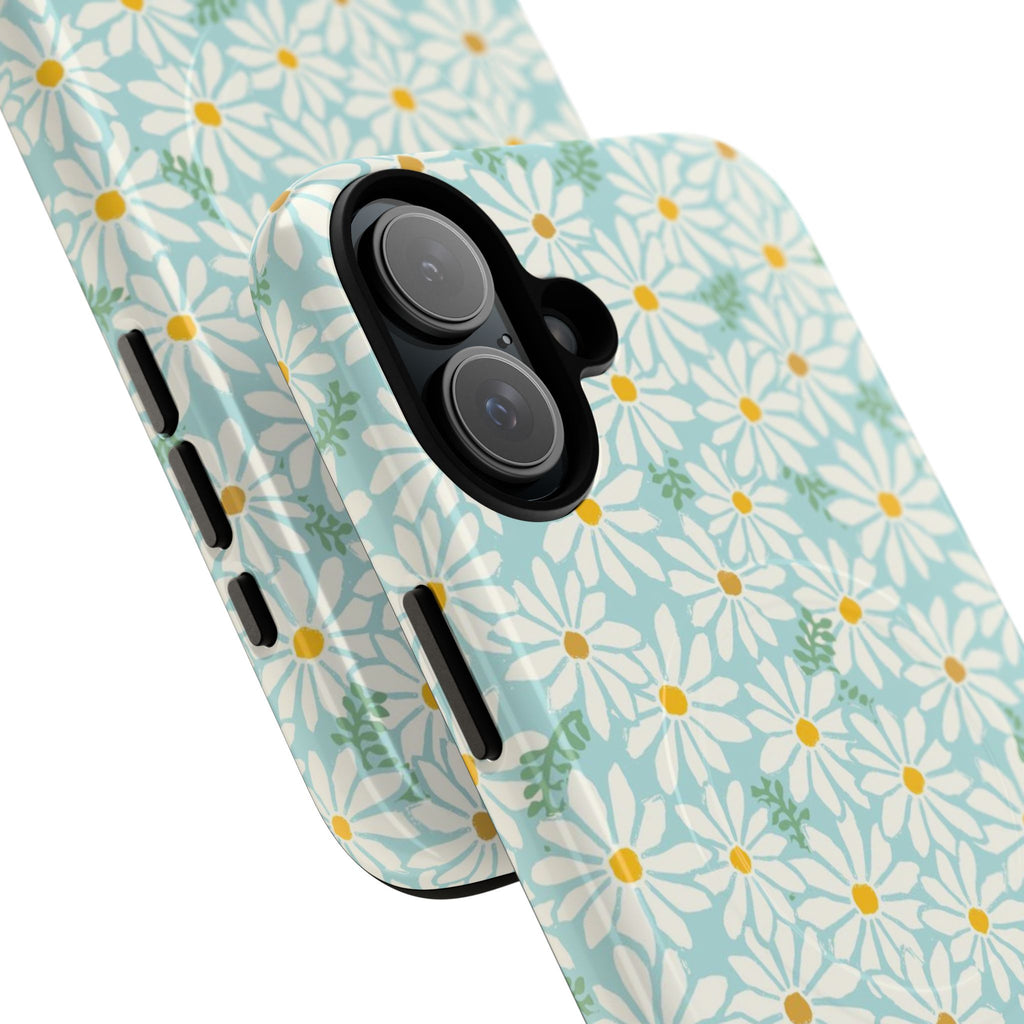 Daisies MagSafe iPhone 17 Case – Glossy | sky blue, white daisy print, golden yellow centers, mint green leaves | angled view closeup of camera cutout and buttons