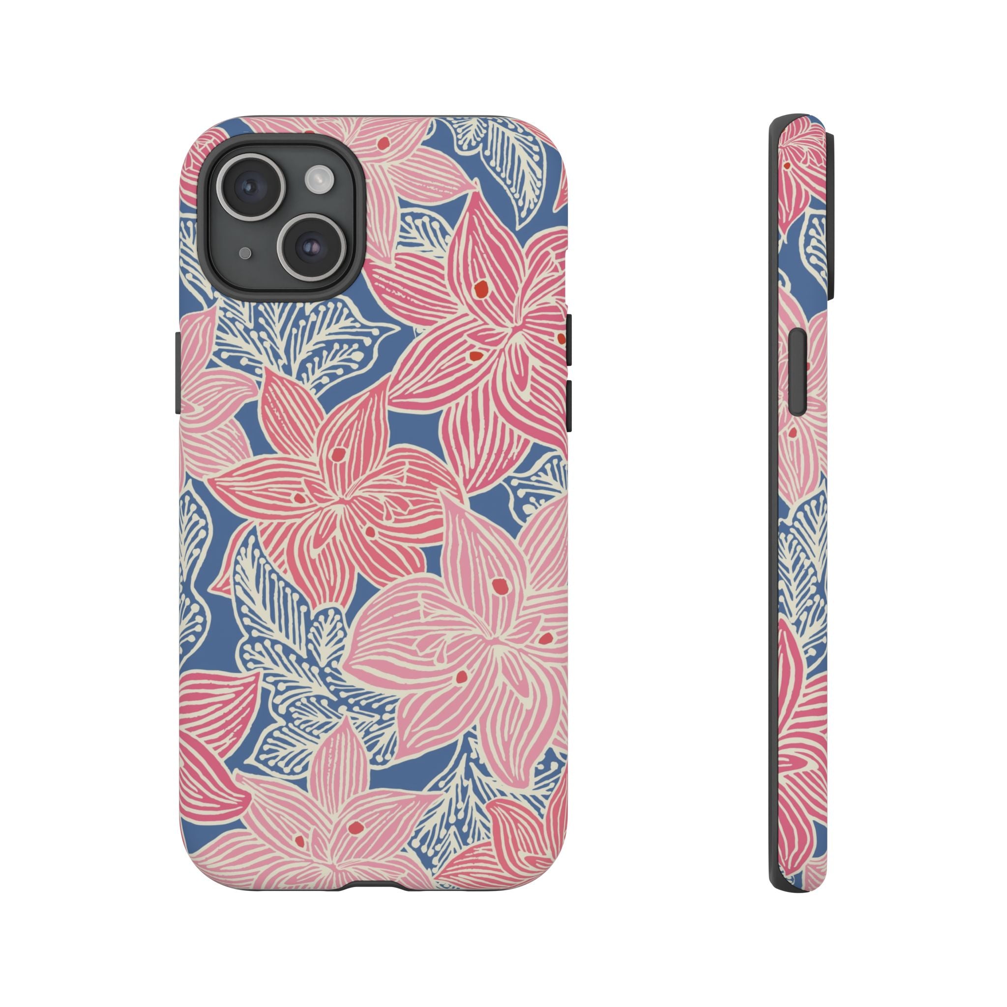 Hibiscus Lagoon Tough iPhone 15 Plus Case – Matte | coral, blush, cream, dusty blue hibiscus botanical print
