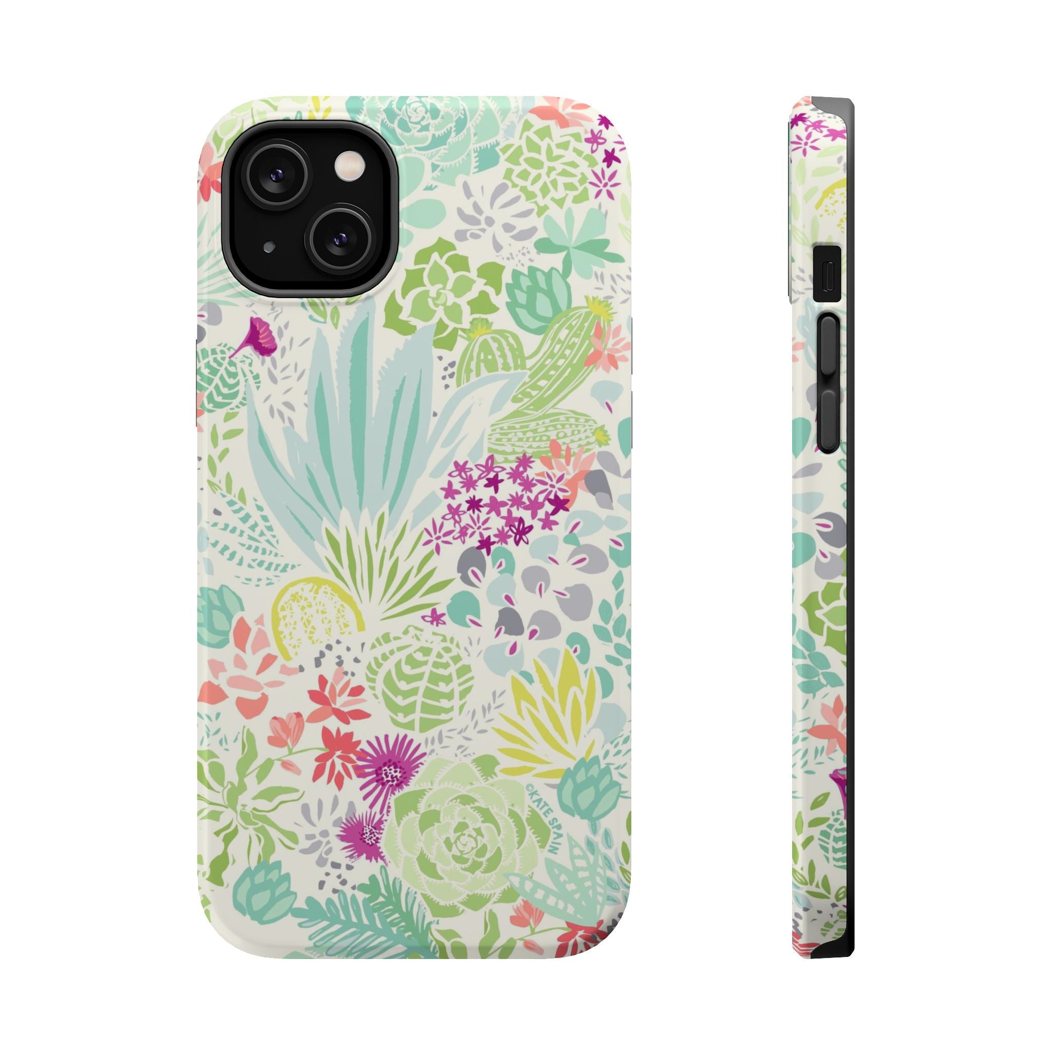 Canyon MagSafe iPhone 14 Plus Case – Glossy | aqua, coral, purple, sage green succulent and cactus print