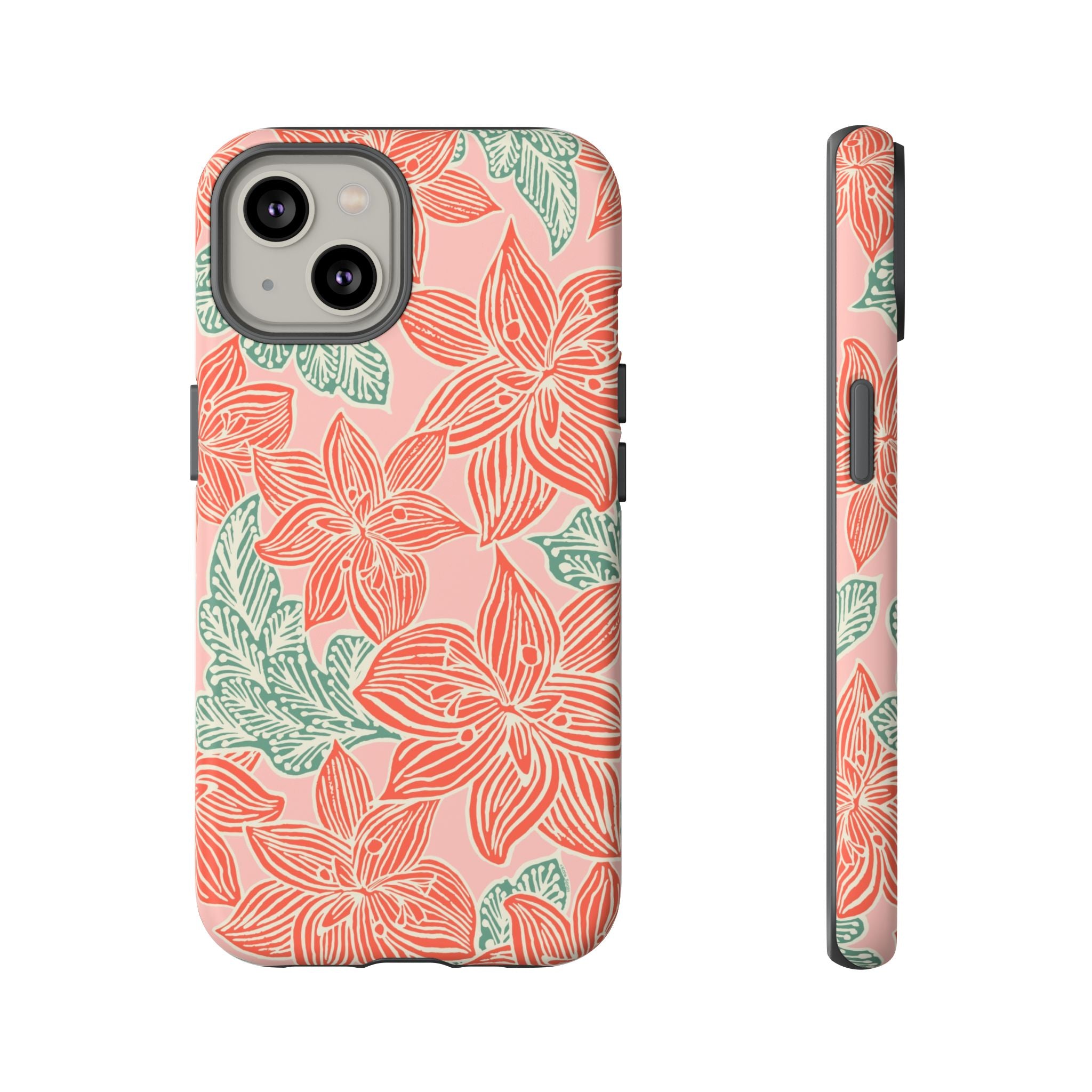 Hibiscus Coral iPhone 14 Matte Case — blush pink hard case with large-scale coral red hibiscus flowers and teal-green leaves in a bold botanical linework print, densely layered across the surface
