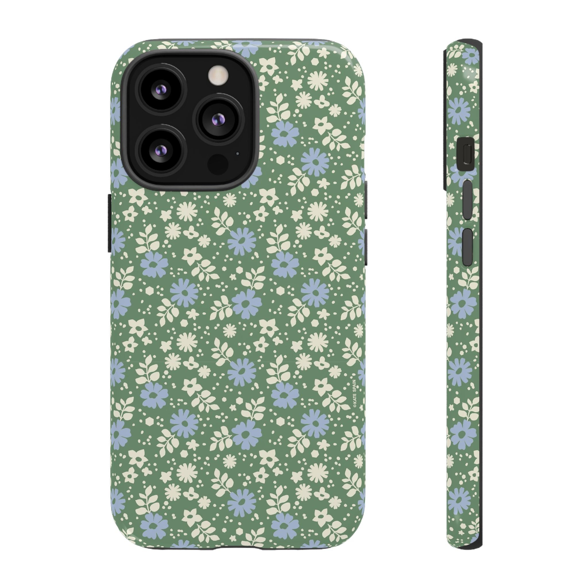 Petaline Tough iPhone 13 Pro Case – Glossy | green, blue, cream ditsy floral print