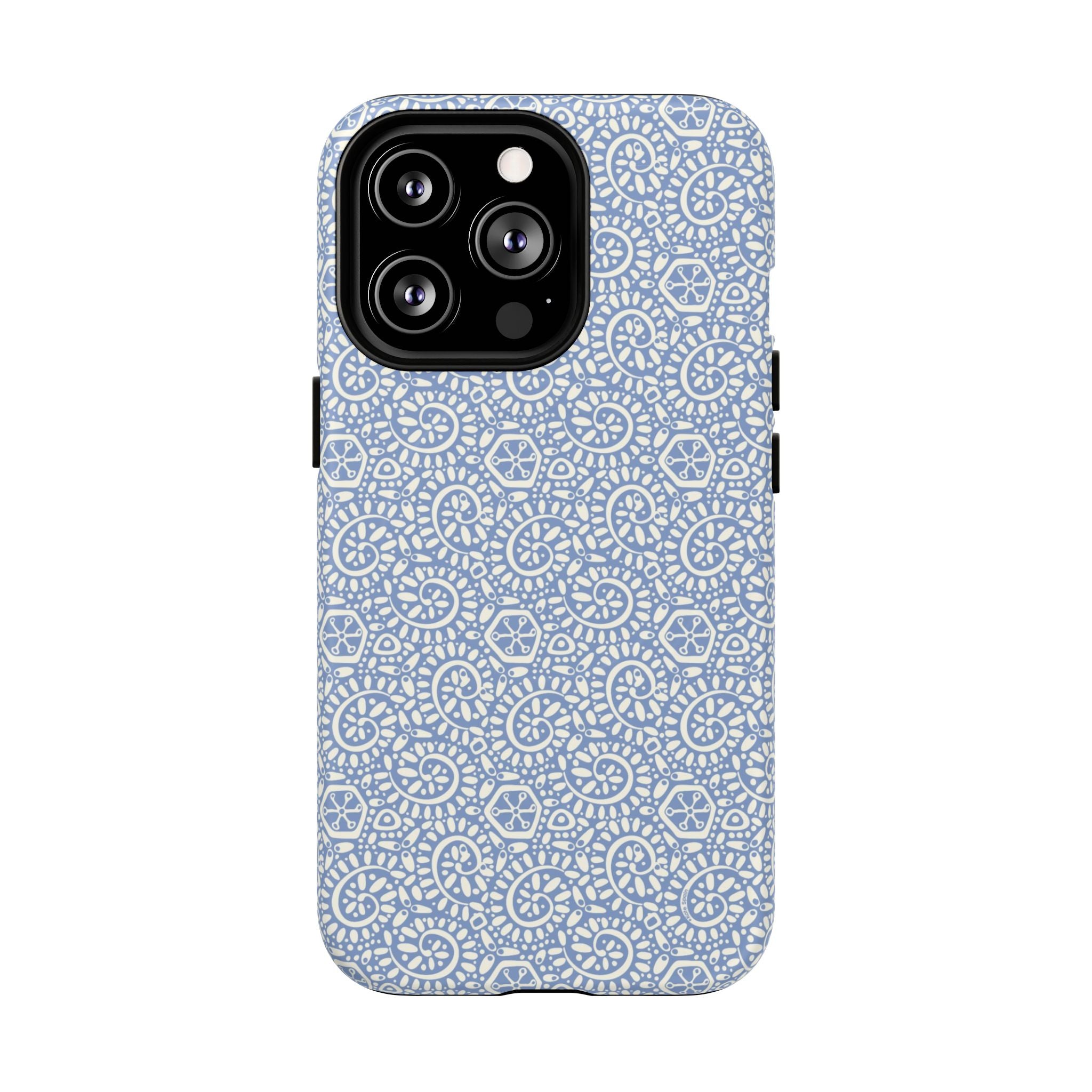 Canto Swirls Mist MagSafe iPhone 13 Pro Matte Case — periwinkle blue hard case covered in an intricate folk-art medallion pattern of radiating white circular motifs, dot clusters, and geometric centers