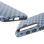 Light blue Samsung Galaxy case with navy and periwinkle ikat geometric pattern — botanical phone case by Kate Spain for Floriori. Close up image of button and port cutouts.