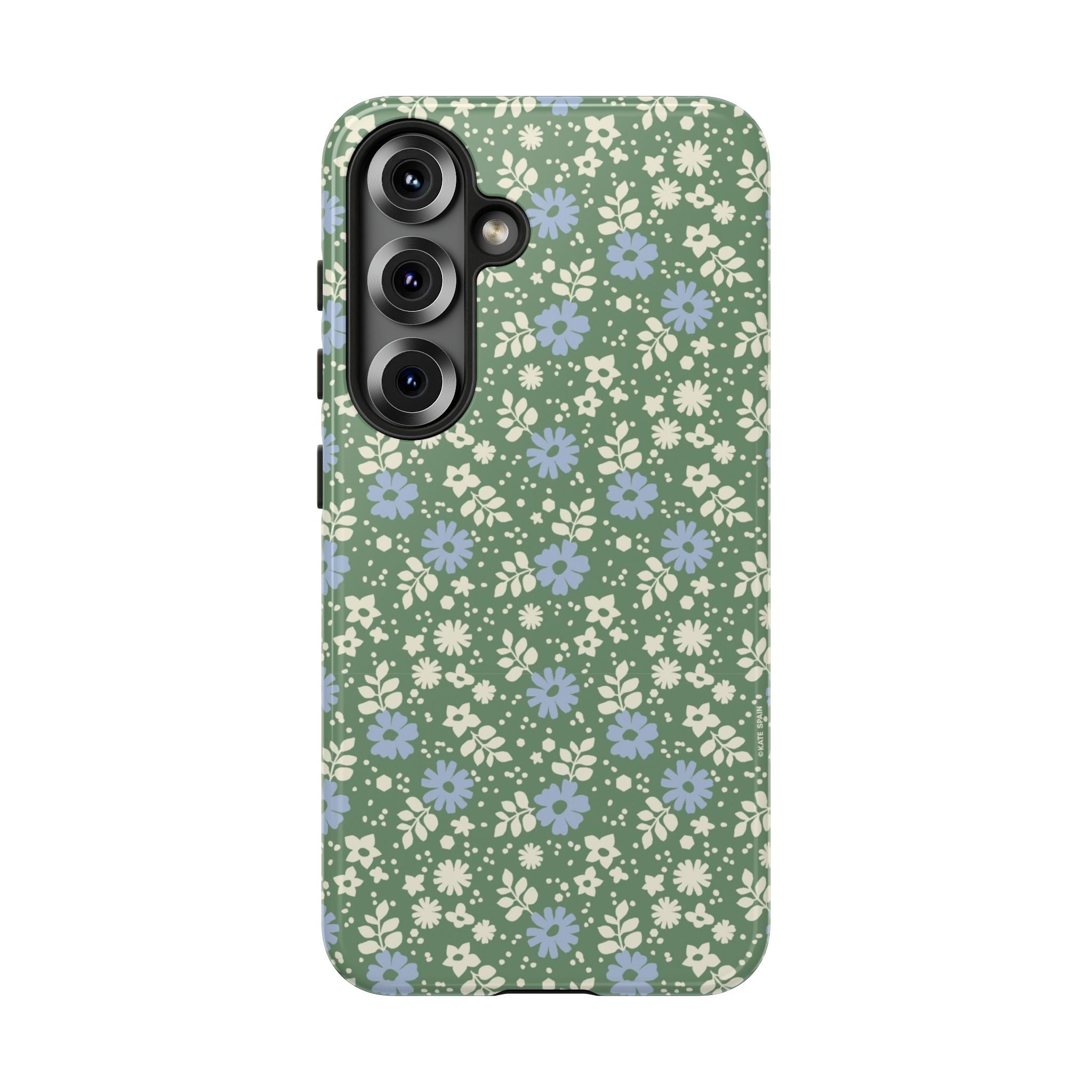 Cottage Core Cute Petaline Samsung Galaxy S25 Case – Matte | green background with white and blue ditsy florals