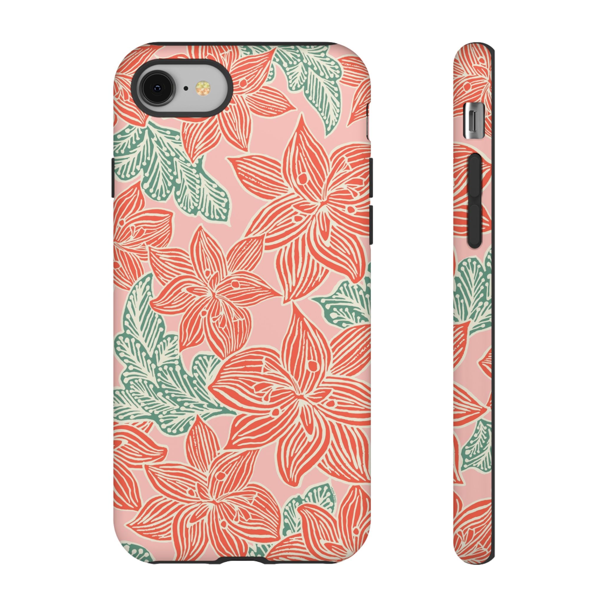 Hibiscus Coral iPhone 8 Matte Case — blush pink hard case with large-scale coral red hibiscus flowers and teal-green leaves in a bold botanical linework print, densely layered across the surface