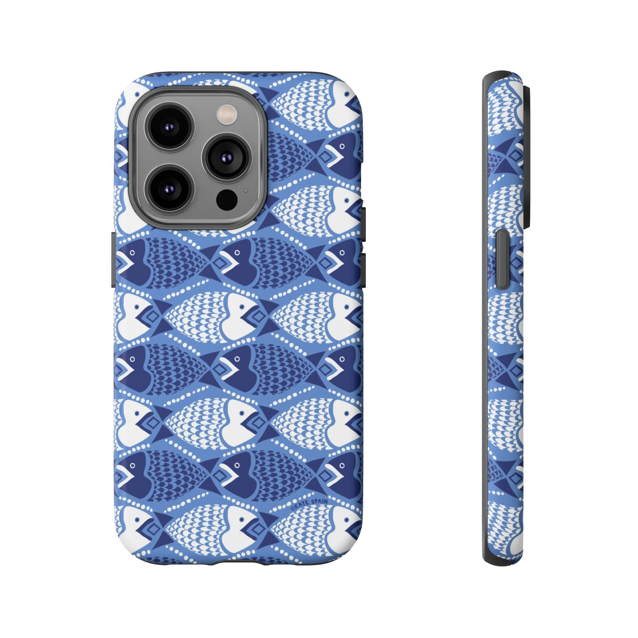 Catch of the Day Tough iPhone 14 Pro Case – Matte | navy, blue, white geometric fish print