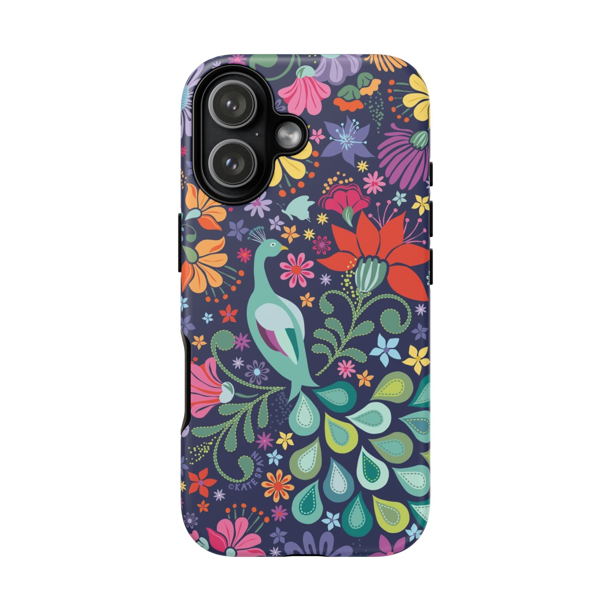 Peacock Sanctuary Tough iPhone 17 Case – Glossy | navy, teal, coral multicolor vibrant peacock feather botanical print