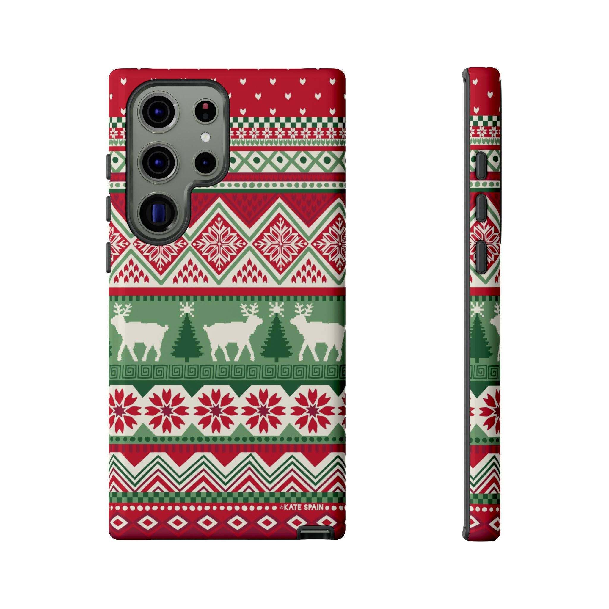 Luxury Telemark Samsung Galaxy S23 Ultra Case – Glossy | red, green, cream Nordic fair isle reindeer print