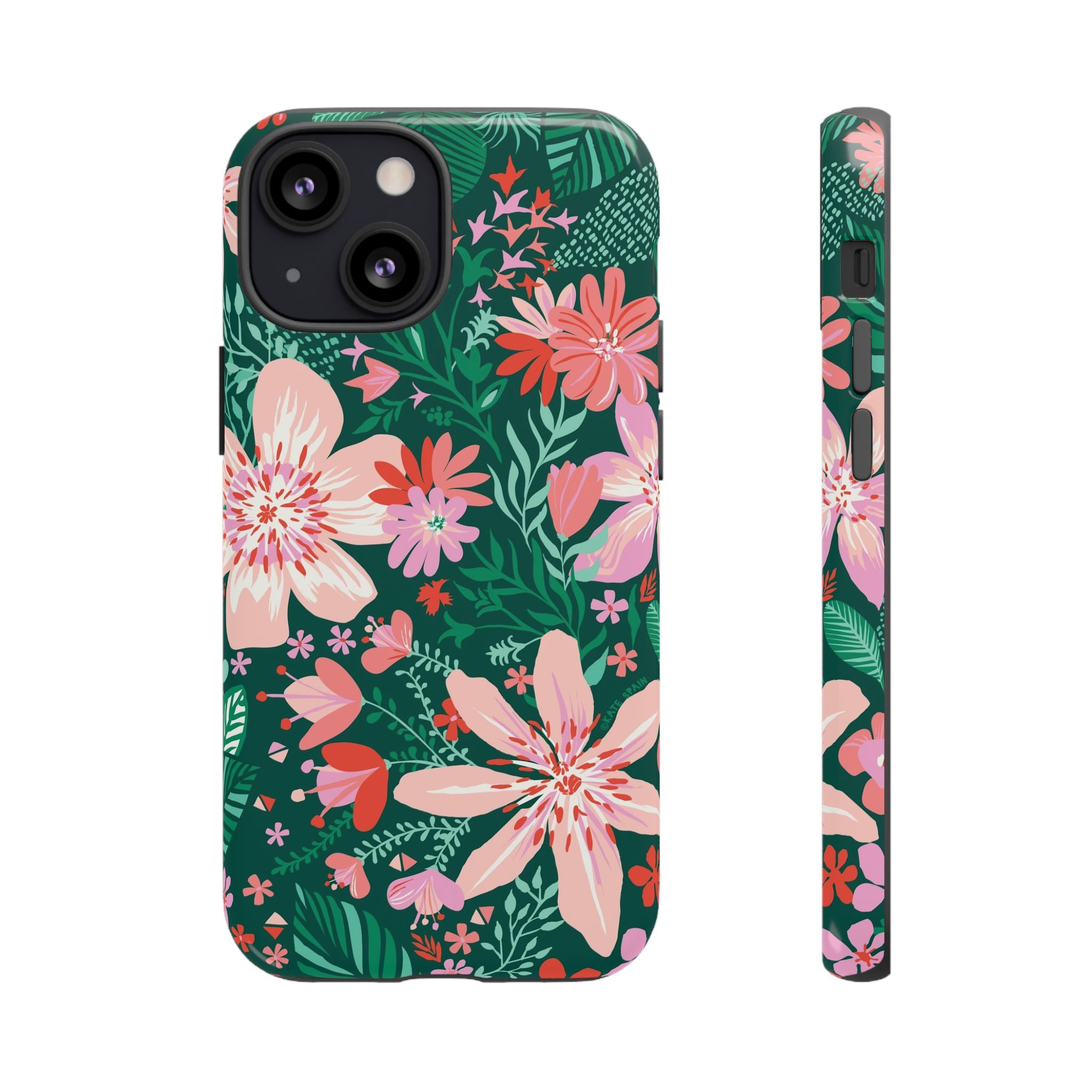 Bonaire Tough iPhone 13 Mini Case – Glossy | jade, pink, white tropical floral botanical print