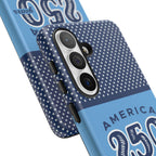 Sea to Shining Sea Samsung Galaxy S26 Case Matte – angled view close-up of buttons and camera cutout in case in navy, sky blue, red patriotic America 250 commemorative print