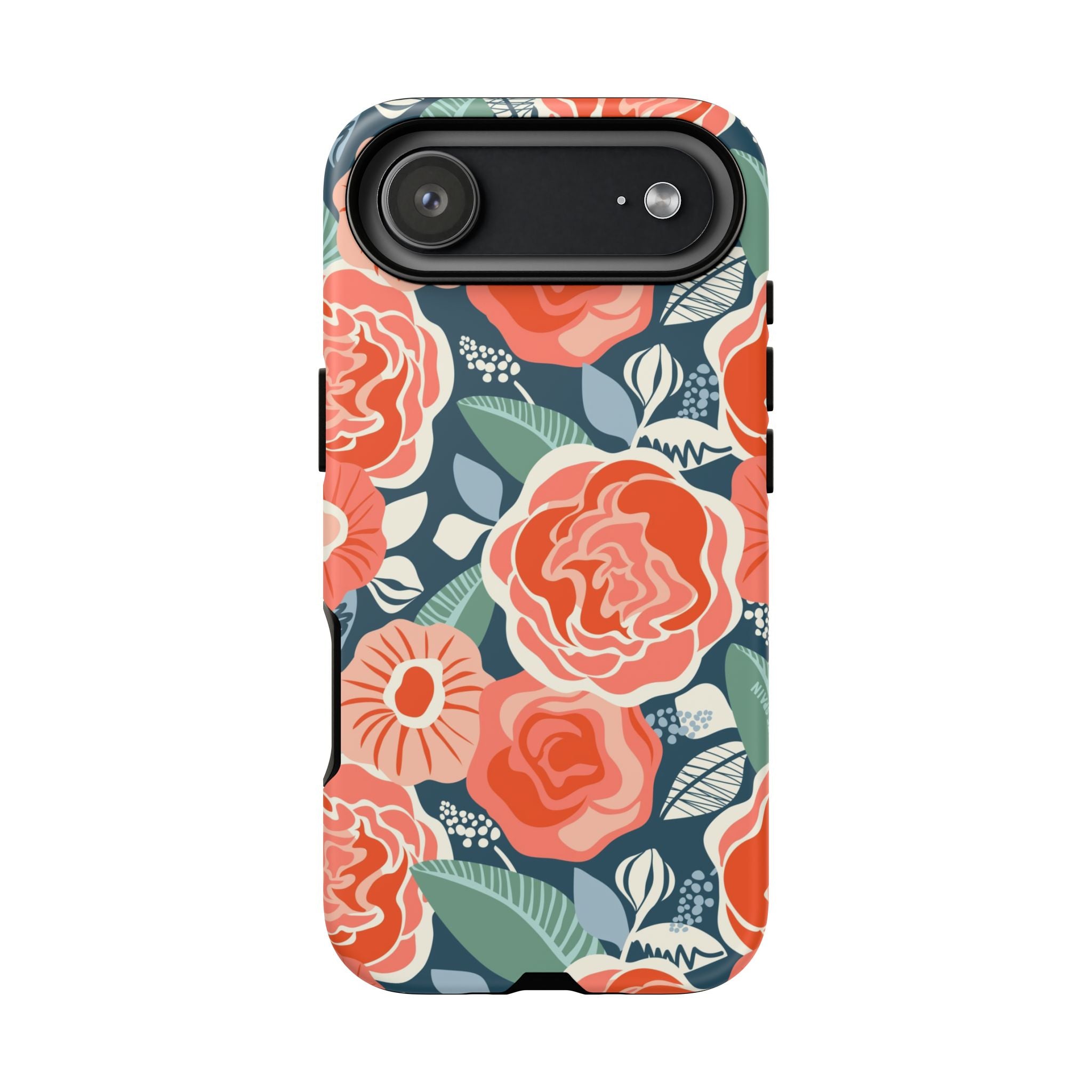 Tea Rose Navy Tough iPhone 17 Pro Case – Glossy | navy, coral, pink, cream rose floral print